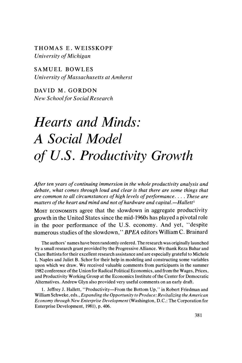 Hearts and Minds: a Social Model of U.S. Productivity Growth