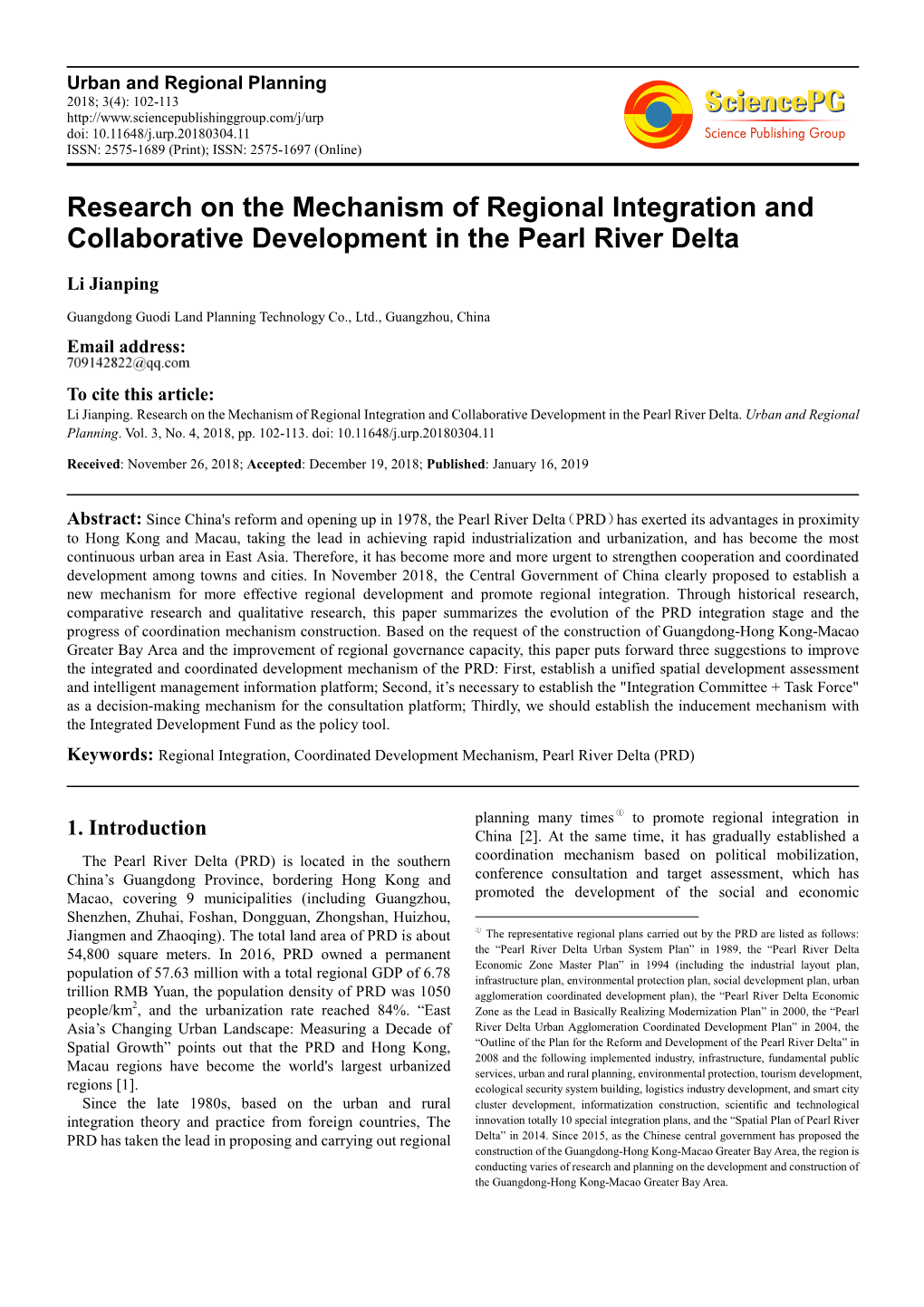 Research on the Mechanism of Regional Integration and Collaborative Development in the Pearl River Delta