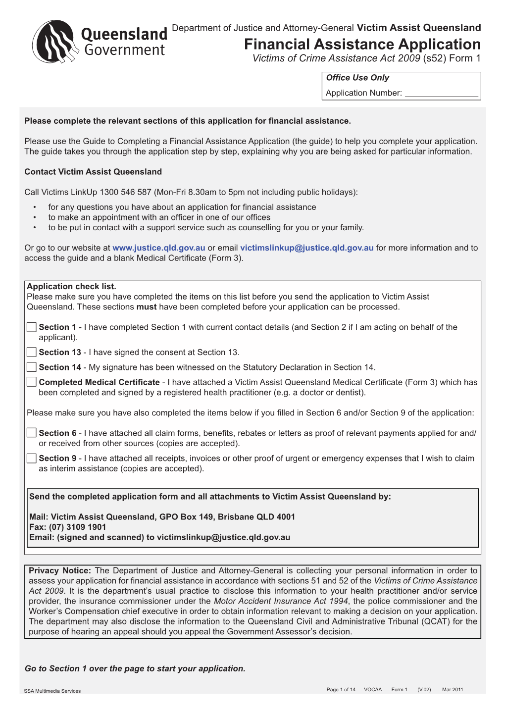 Form 1 – Financial Assistance Application Form Queensland