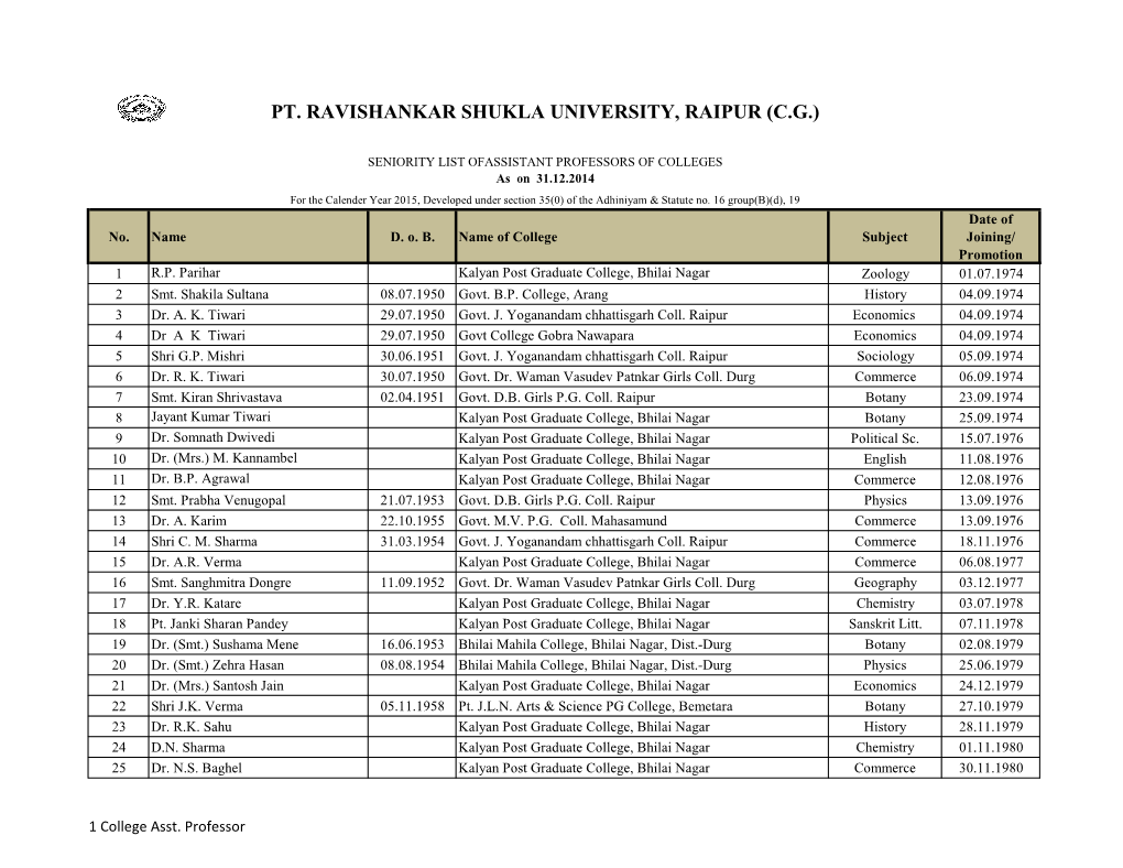 Pt. Ravishankar Shukla University, Raipur (C.G.)