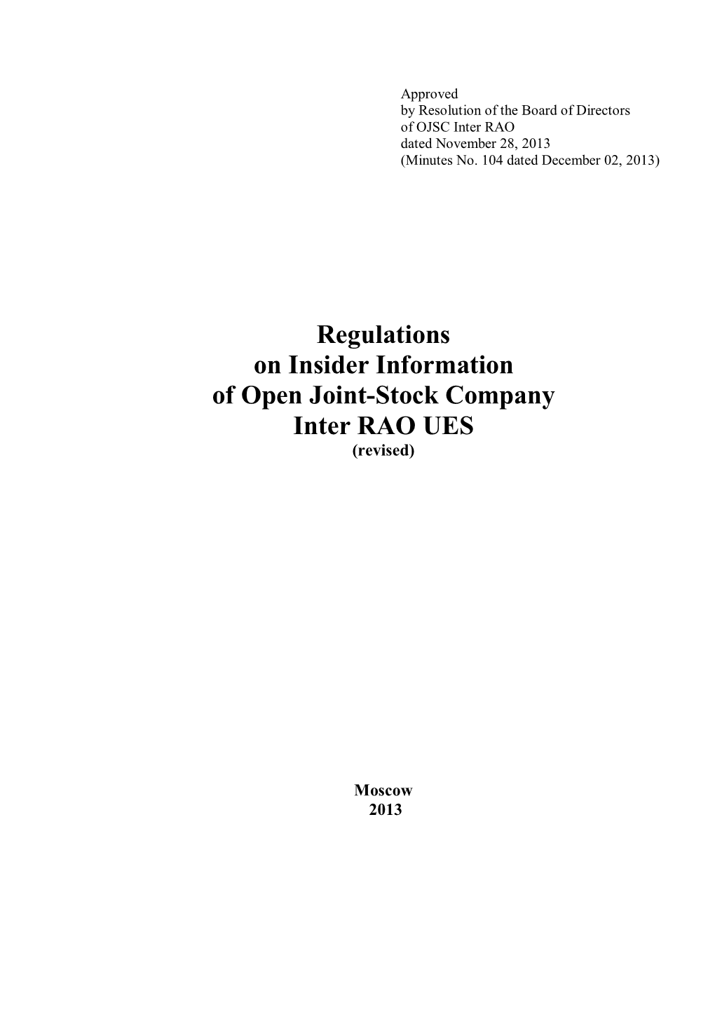 Regulations on Insider Information of Open Joint-Stock Company Inter RAO UES (Revised)