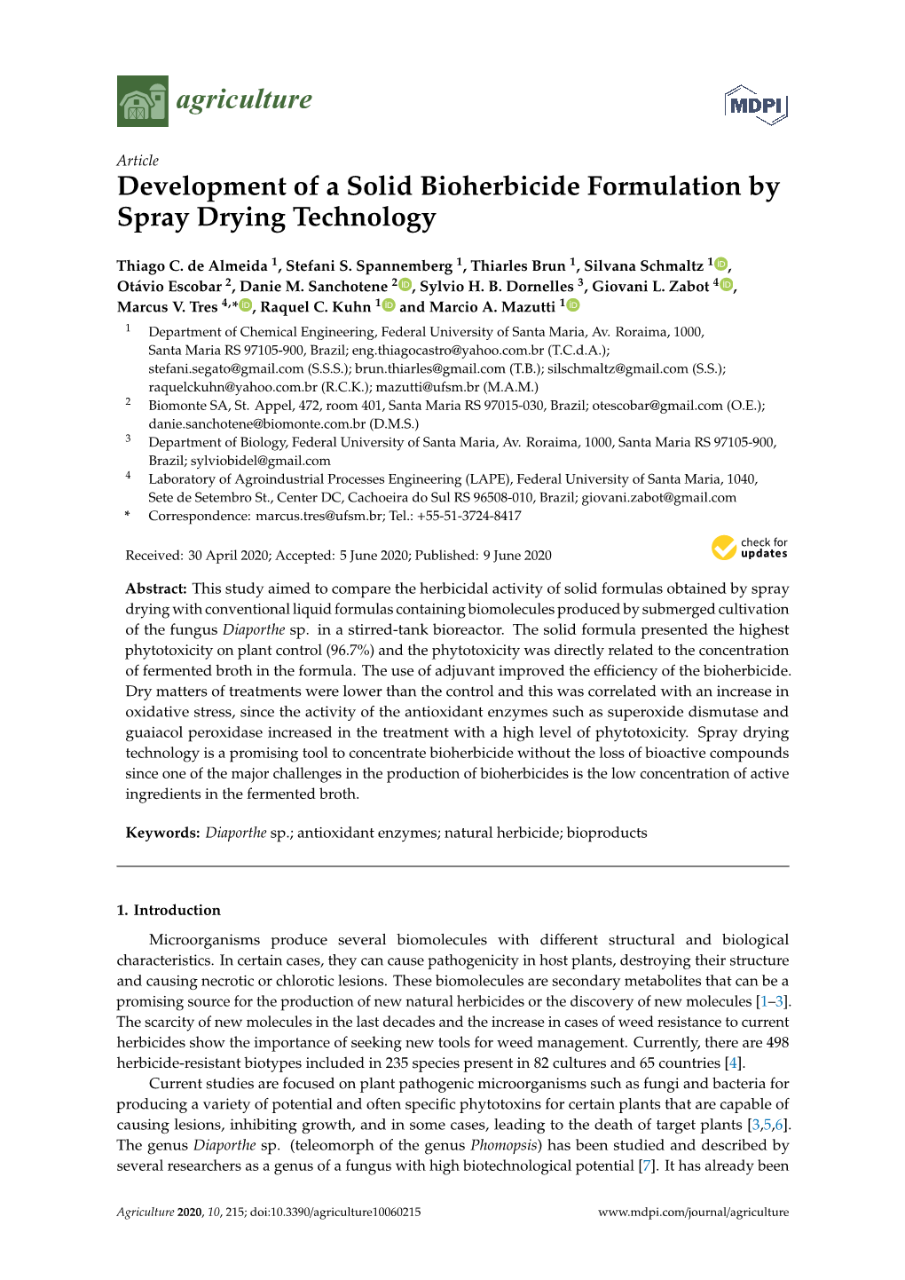 Development of a Solid Bioherbicide Formulation by Spray Drying Technology