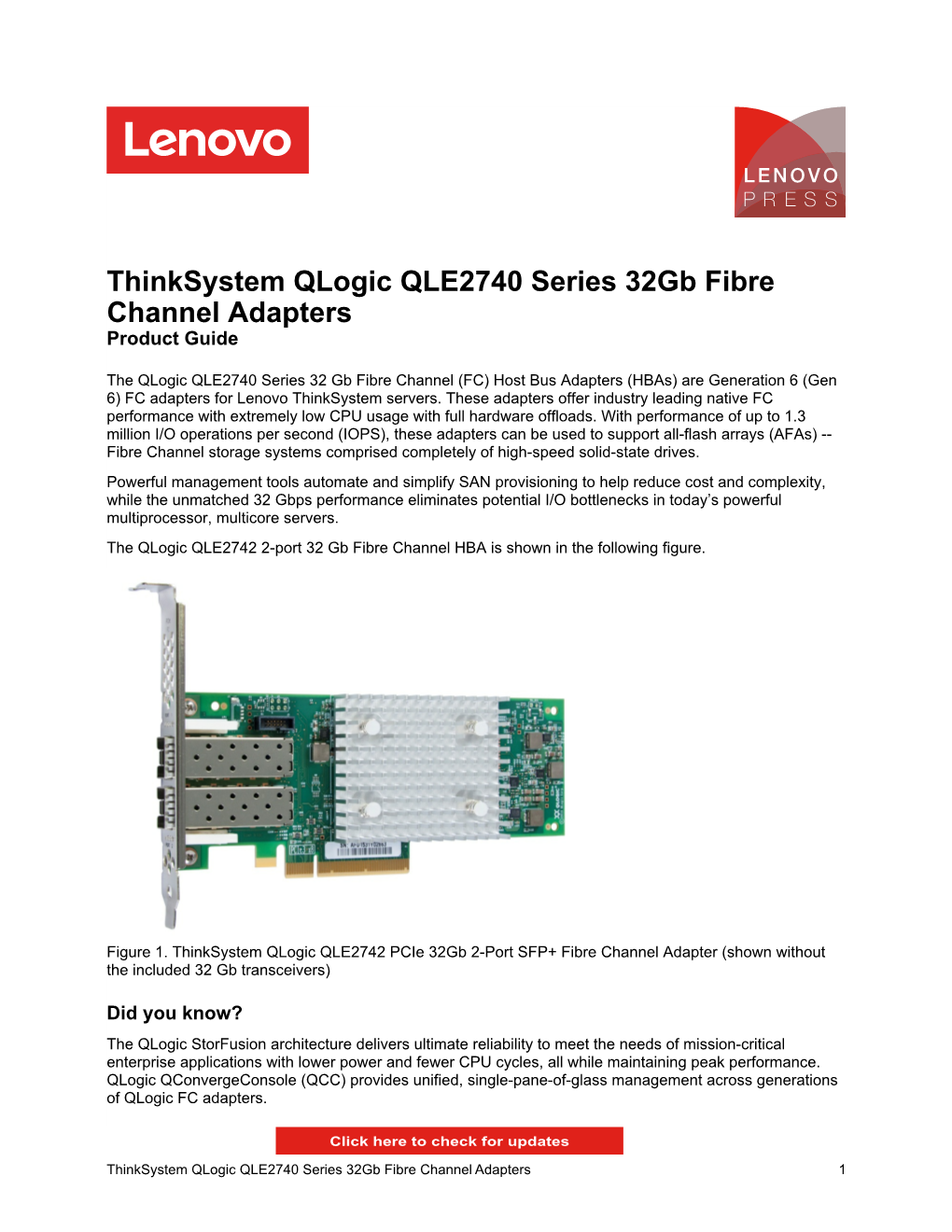 Thinksystem Qlogic QLE2740 Series 32Gb Fibre Channel Adapters Product Guide