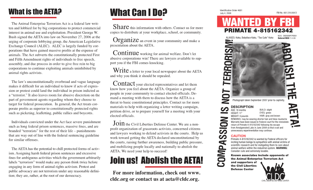 Abolish the AETA! and Supporters of the Civil Liberties Engaging in Any Form of Animal Rights Activism