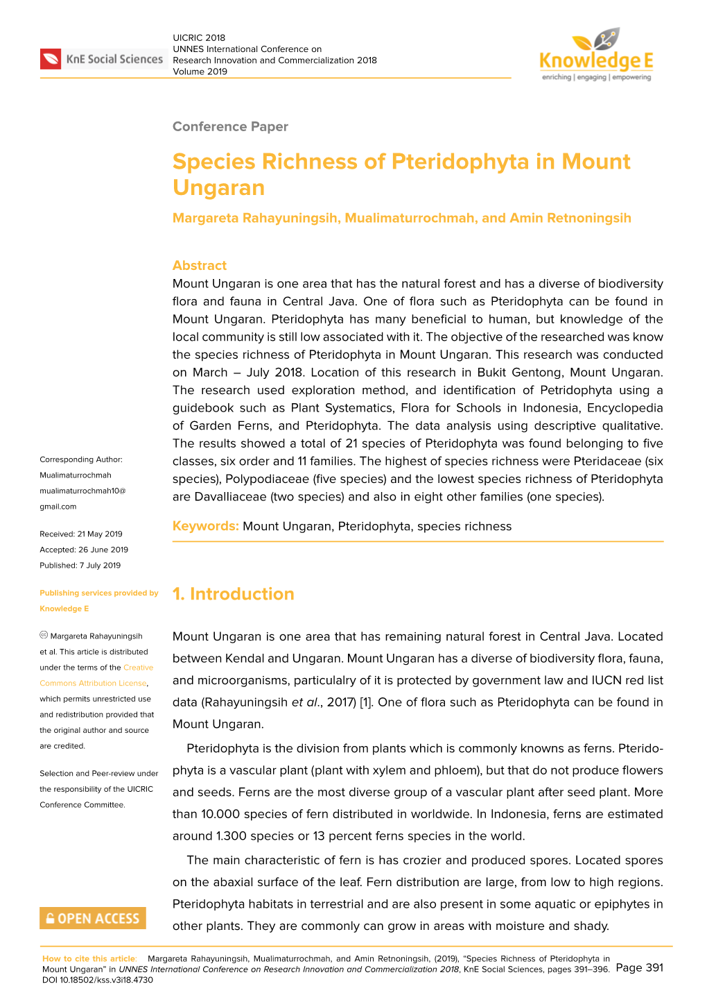 Species Richness of Pteridophyta in Mount Ungaran Margareta Rahayuningsih, Mualimaturrochmah, and Amin Retnoningsih