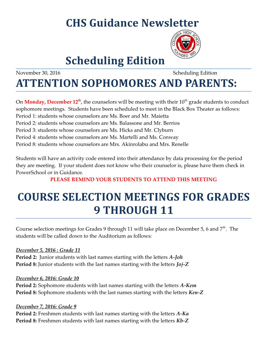 CHS Guidance Newsletter