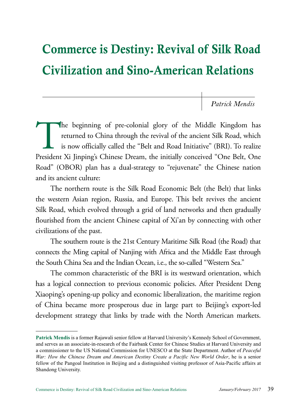 Commerce Is Destiny: Revival of Silk Road Civilization and Sino-American Relations