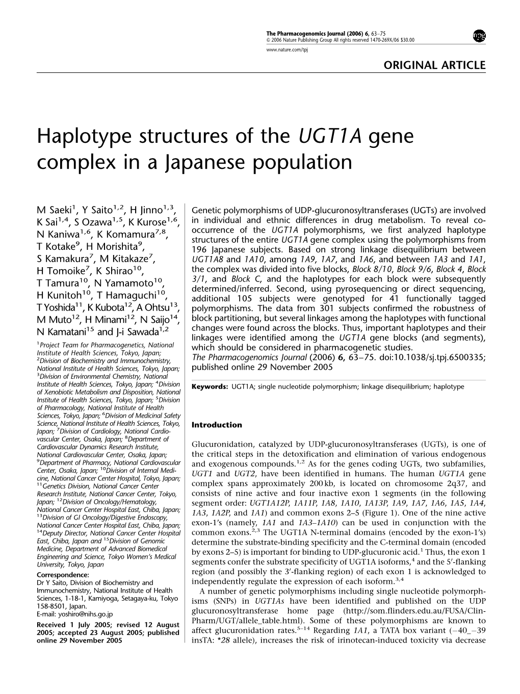Haplotype Structures of the UGT1A Gene Complex in a Japanese Population