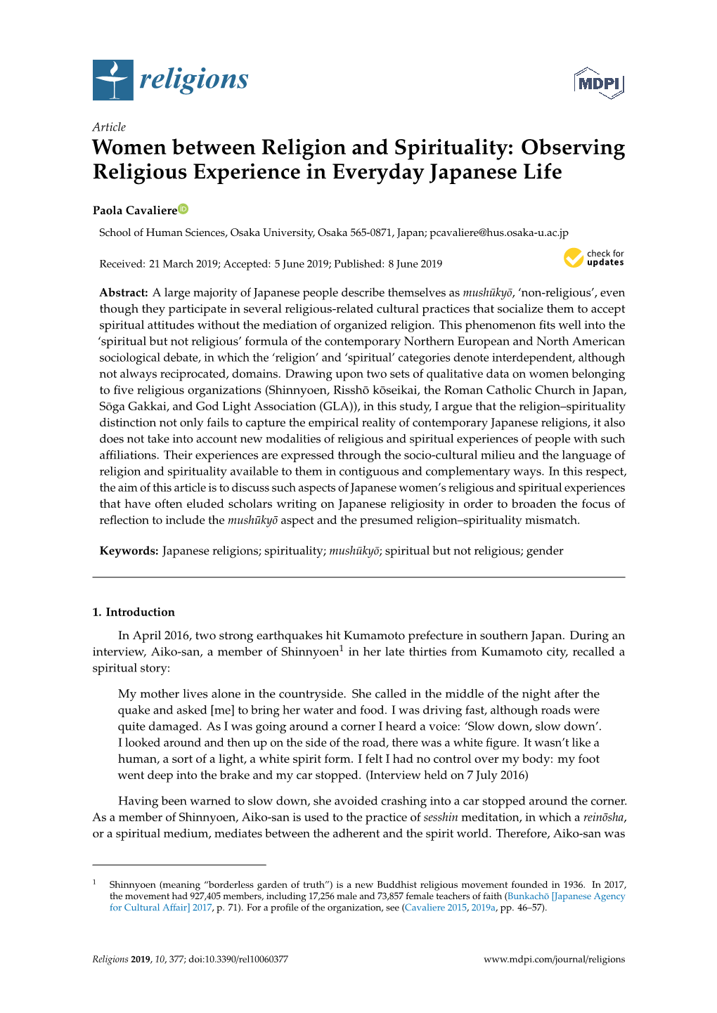 Women Between Religion and Spirituality: Observing Religious Experience in Everyday Japanese Life