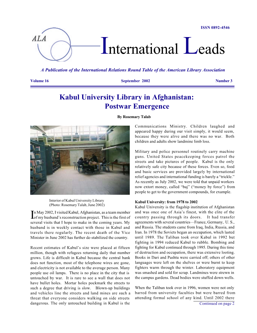 Kabul University Library in Afghanistan: Postwar Emergence