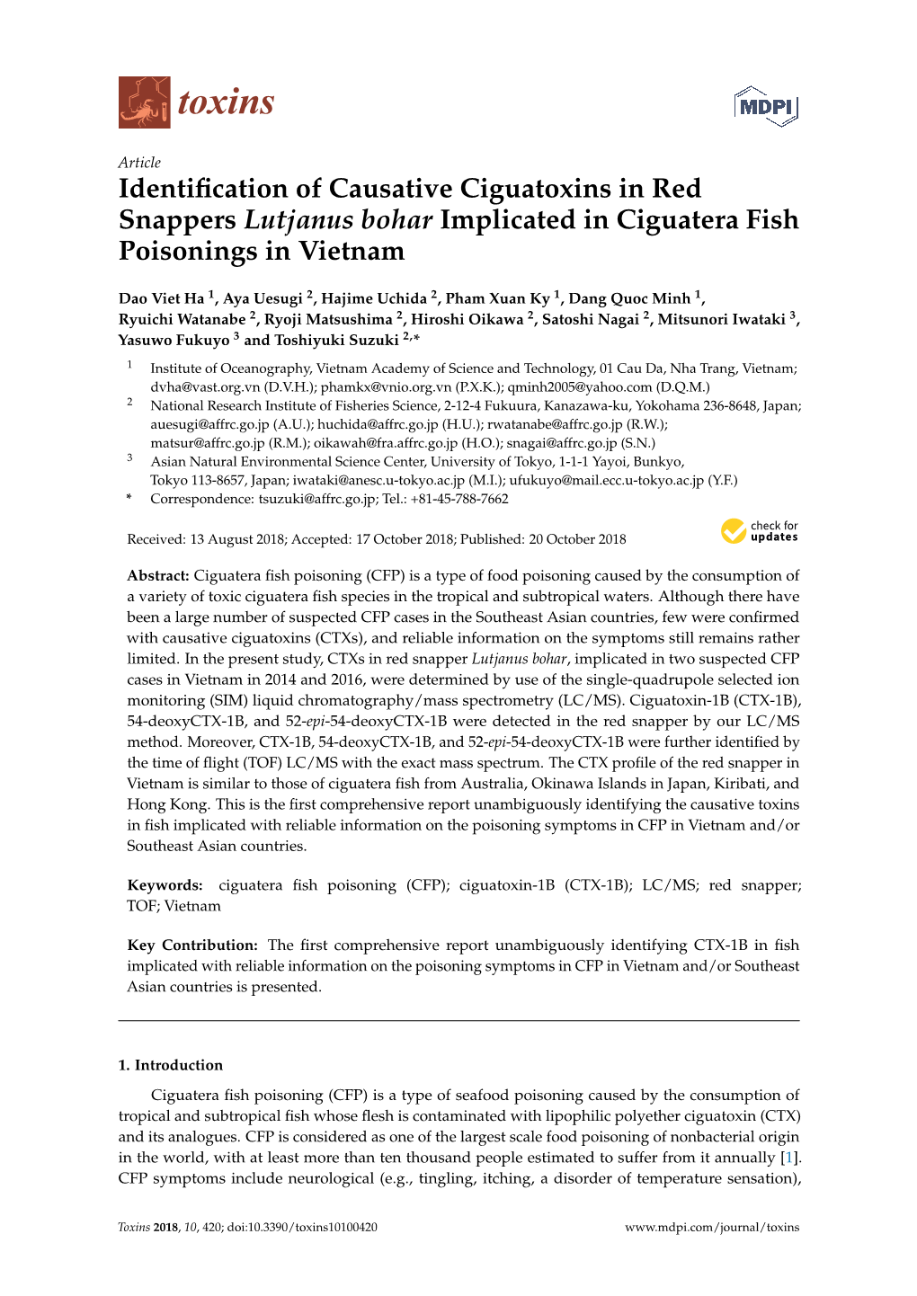 Identification of Causative Ciguatoxins in Red Snappers Lutjanus Bohar