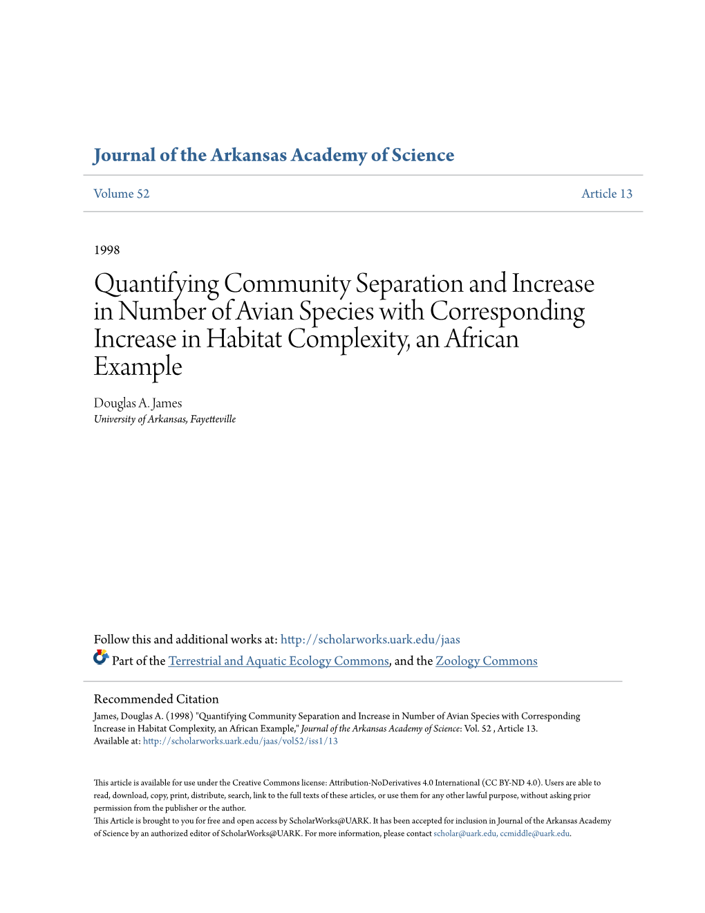 Quantifying Community Separation and Increase in Number of Avian Species with Corresponding Increase in Habitat Complexity, an African Example Douglas A