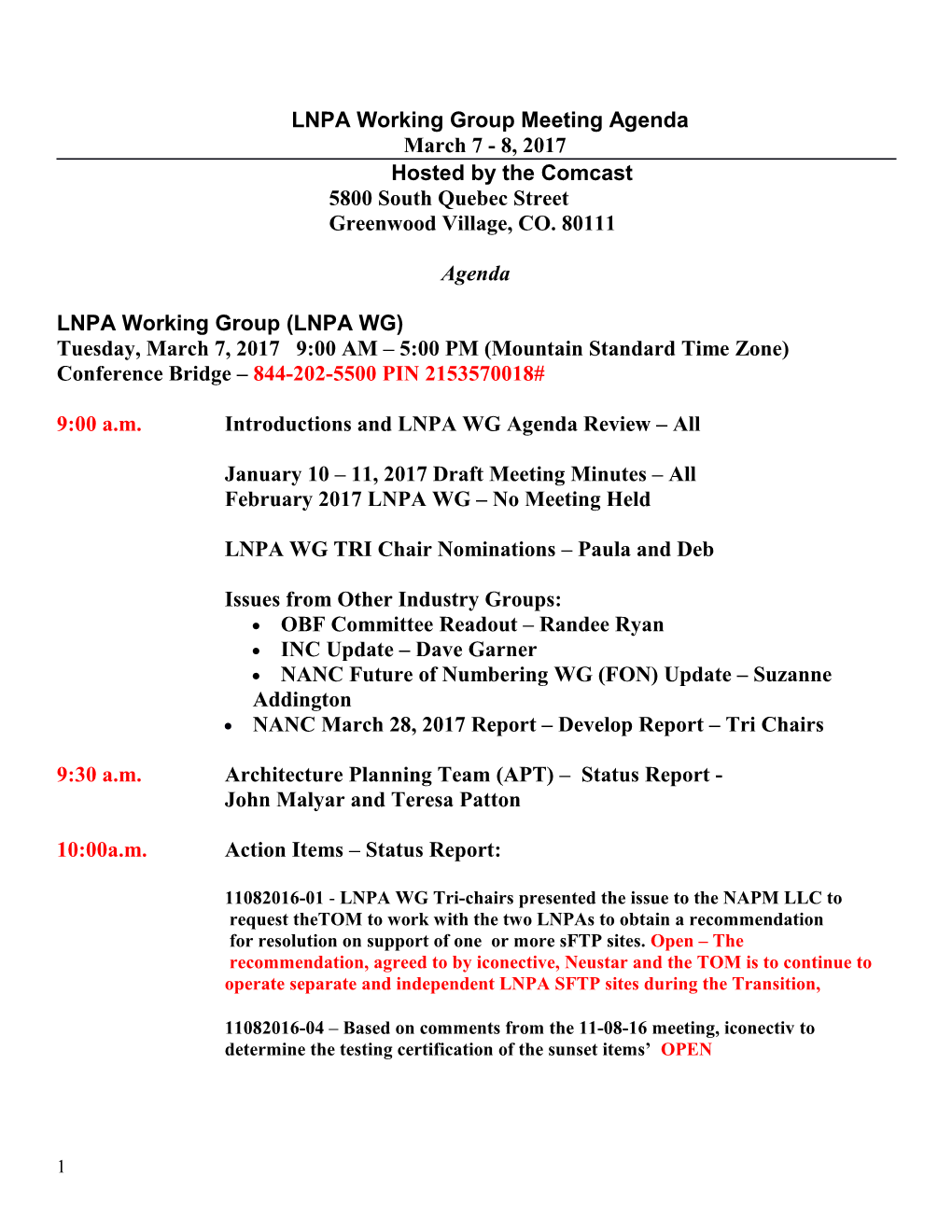 LNPA Working Group Meeting Agenda