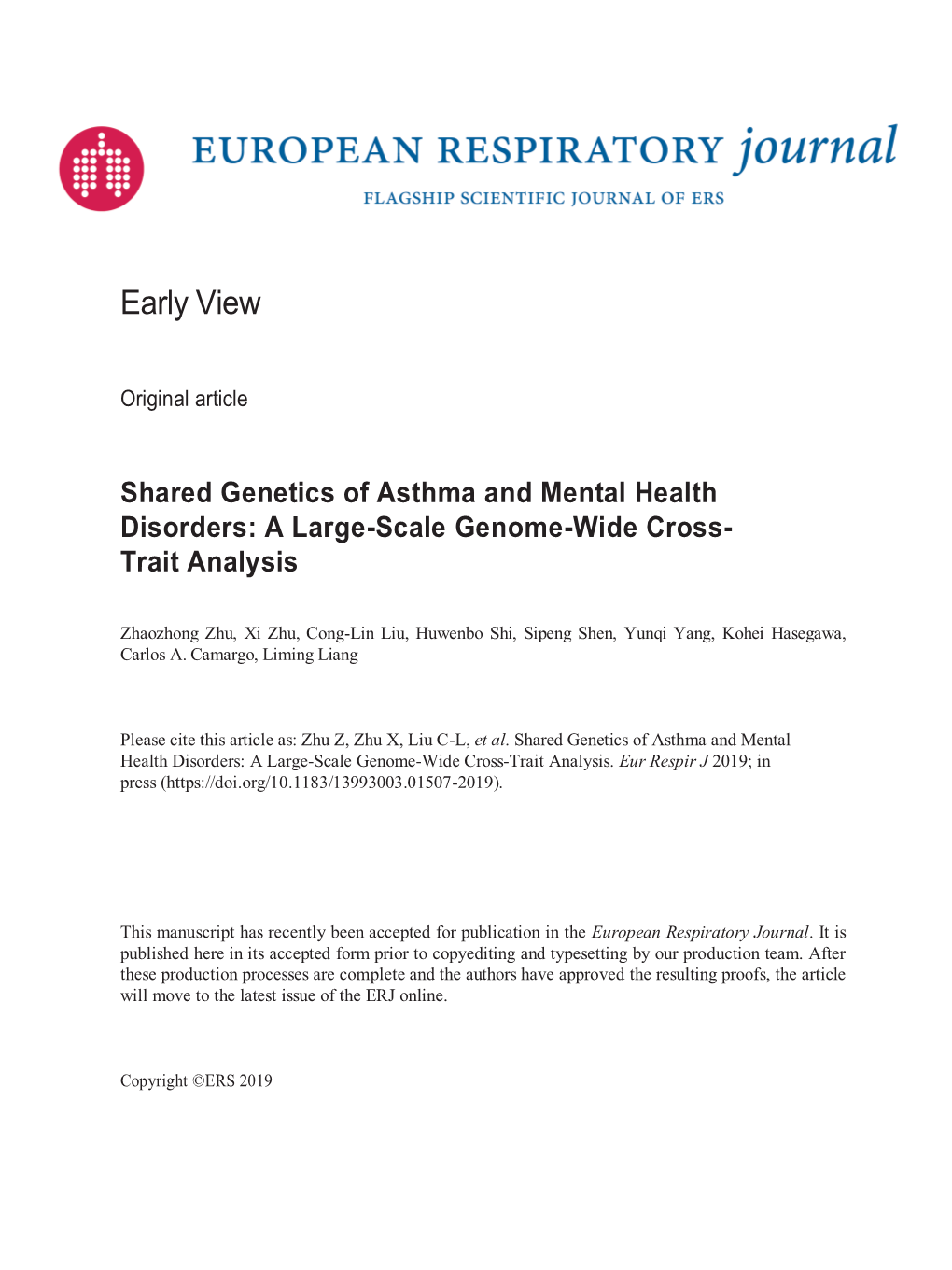 Shared Genetics of Asthma and Mental Health Disorders: a Large-Scale Genome-Wide Cross- Trait Analysis