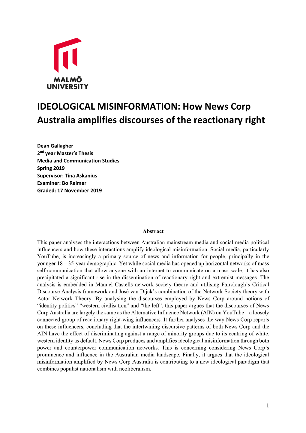 IDEOLOGICAL MISINFORMATION: How News Corp Australia Amplifies Discourses of the Reactionary Right