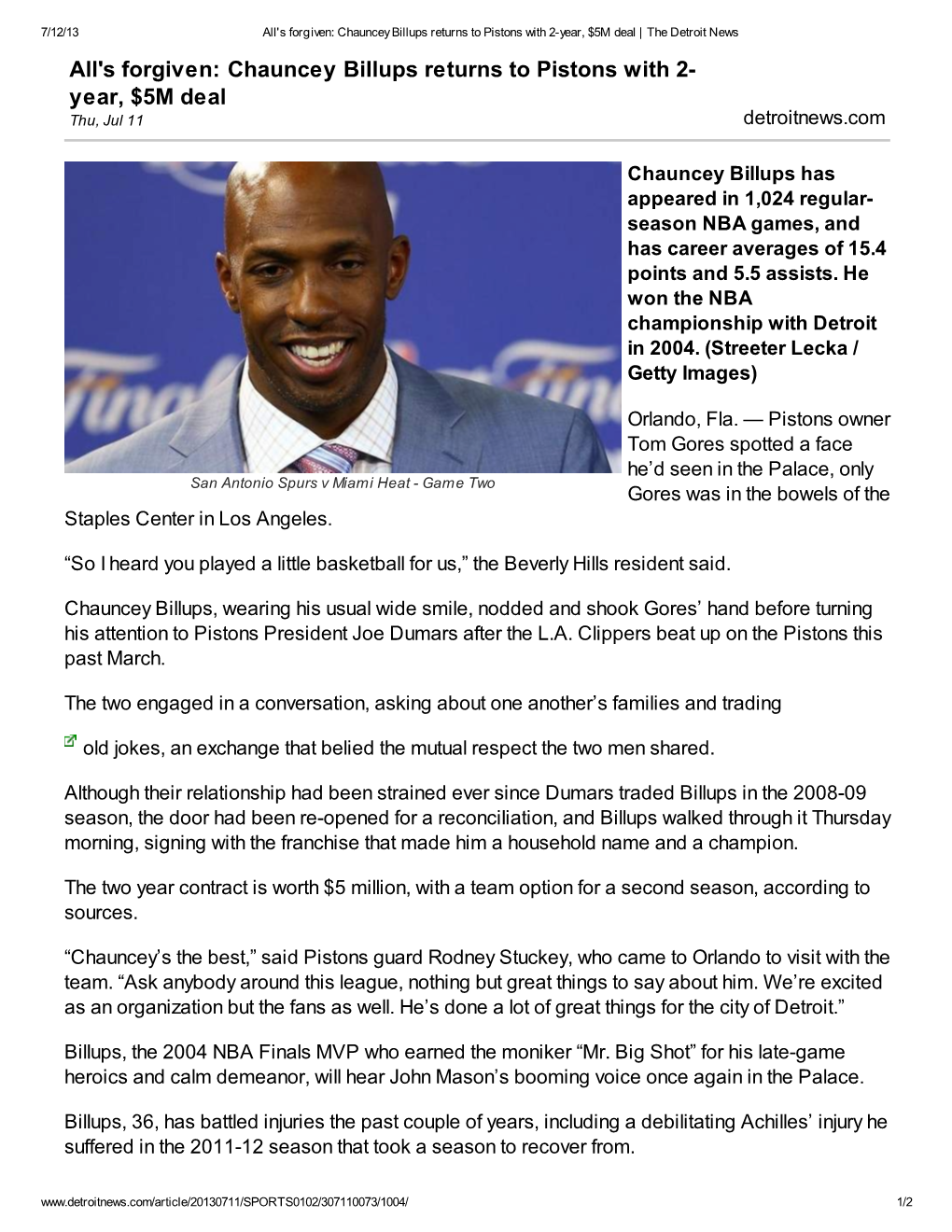 Chauncey Billups Returns to Pistons with 2