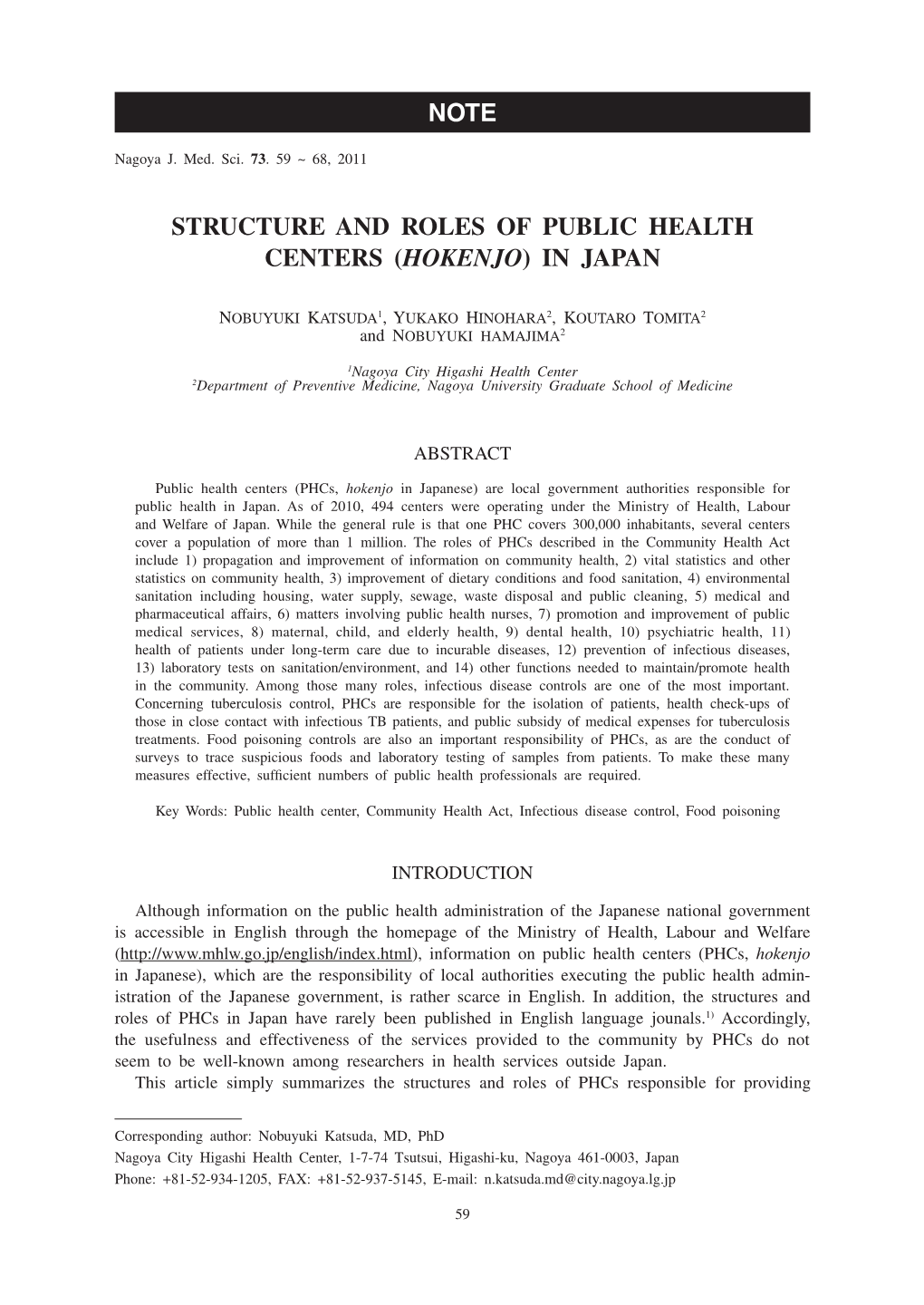Structure and Roles of Public Health Centers (Hokenjo) in Japan