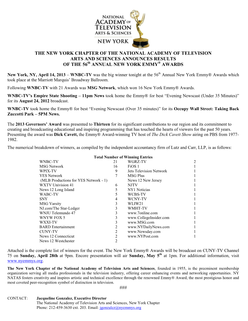 The 54Th Annual New York Emmy® Award Nominations