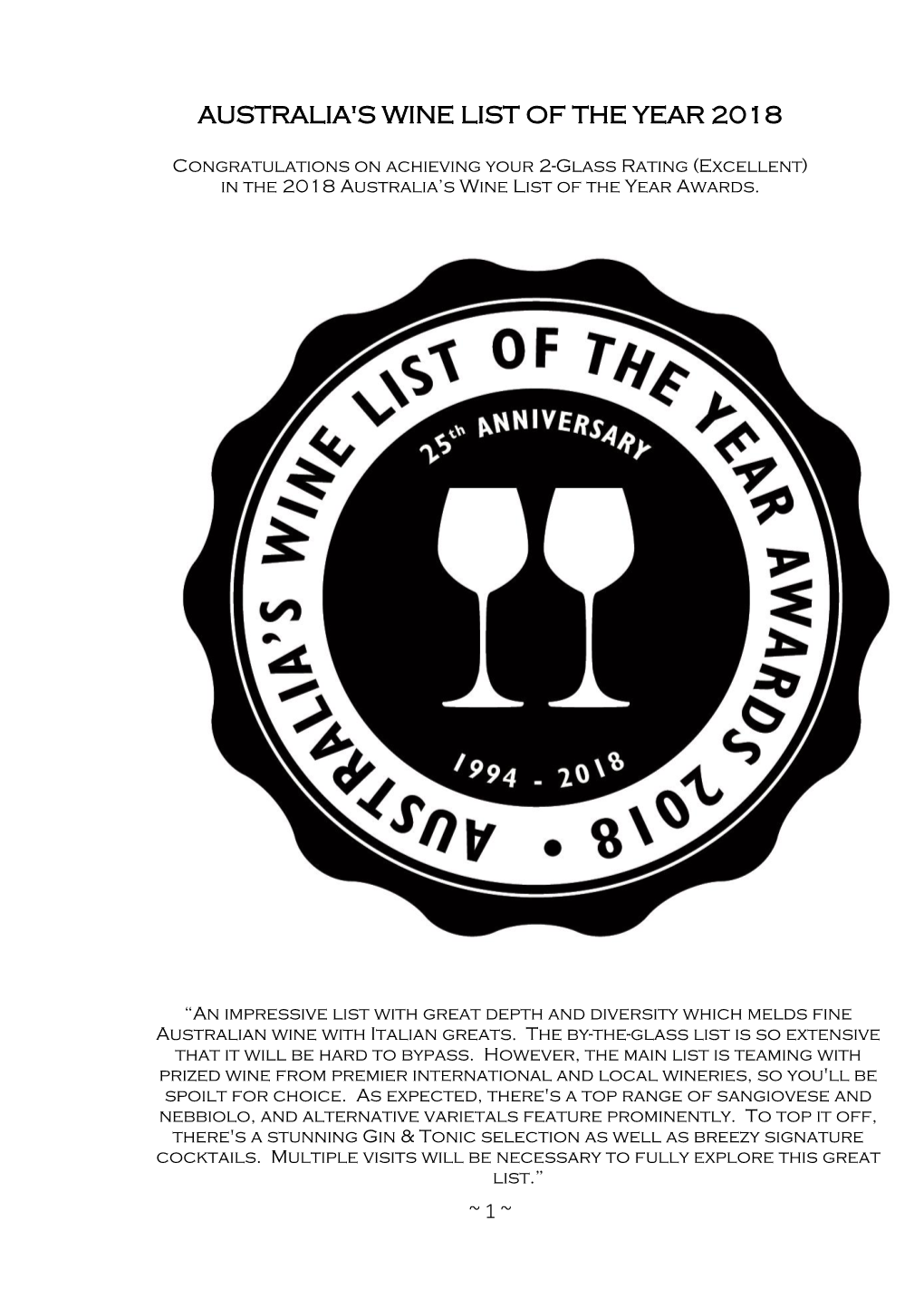 Australia's Wine List of the Year 2018