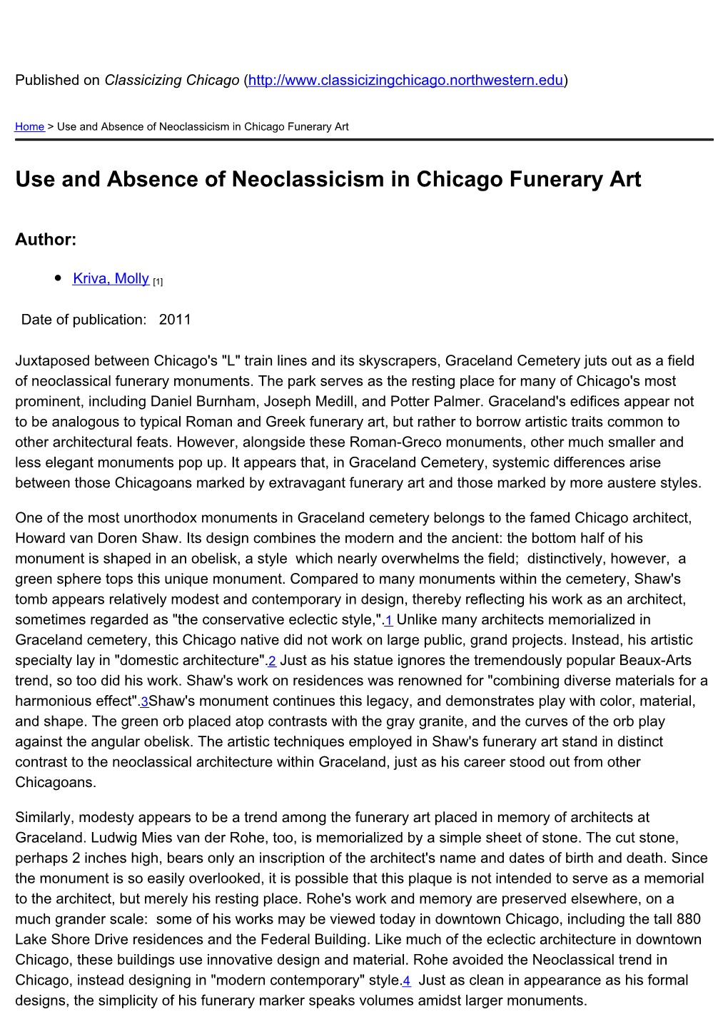 Use and Absence of Neoclassicism in Chicago Funerary Art