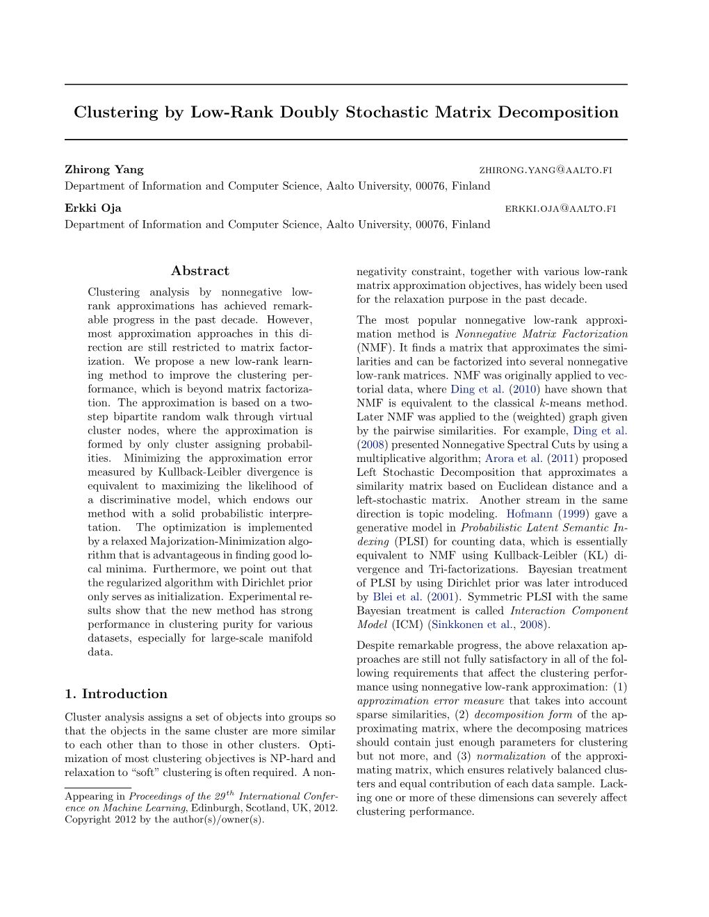 Clustering by Low-Rank Doubly Stochastic Matrix Decomposition