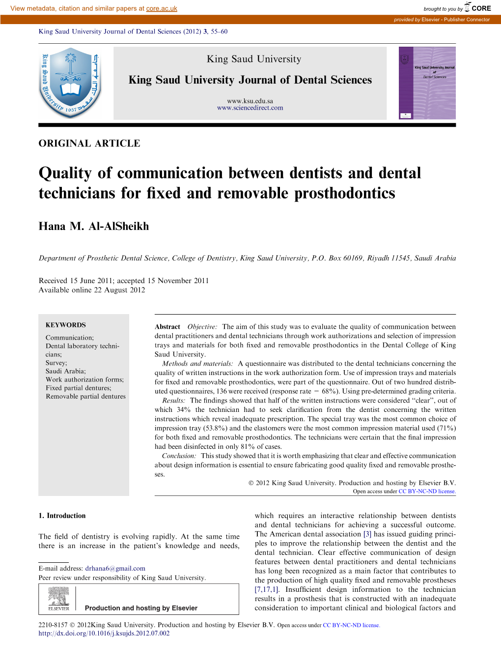 Quality of Communication Between Dentists and Dental Technicians for ﬁxed and Removable Prosthodontics