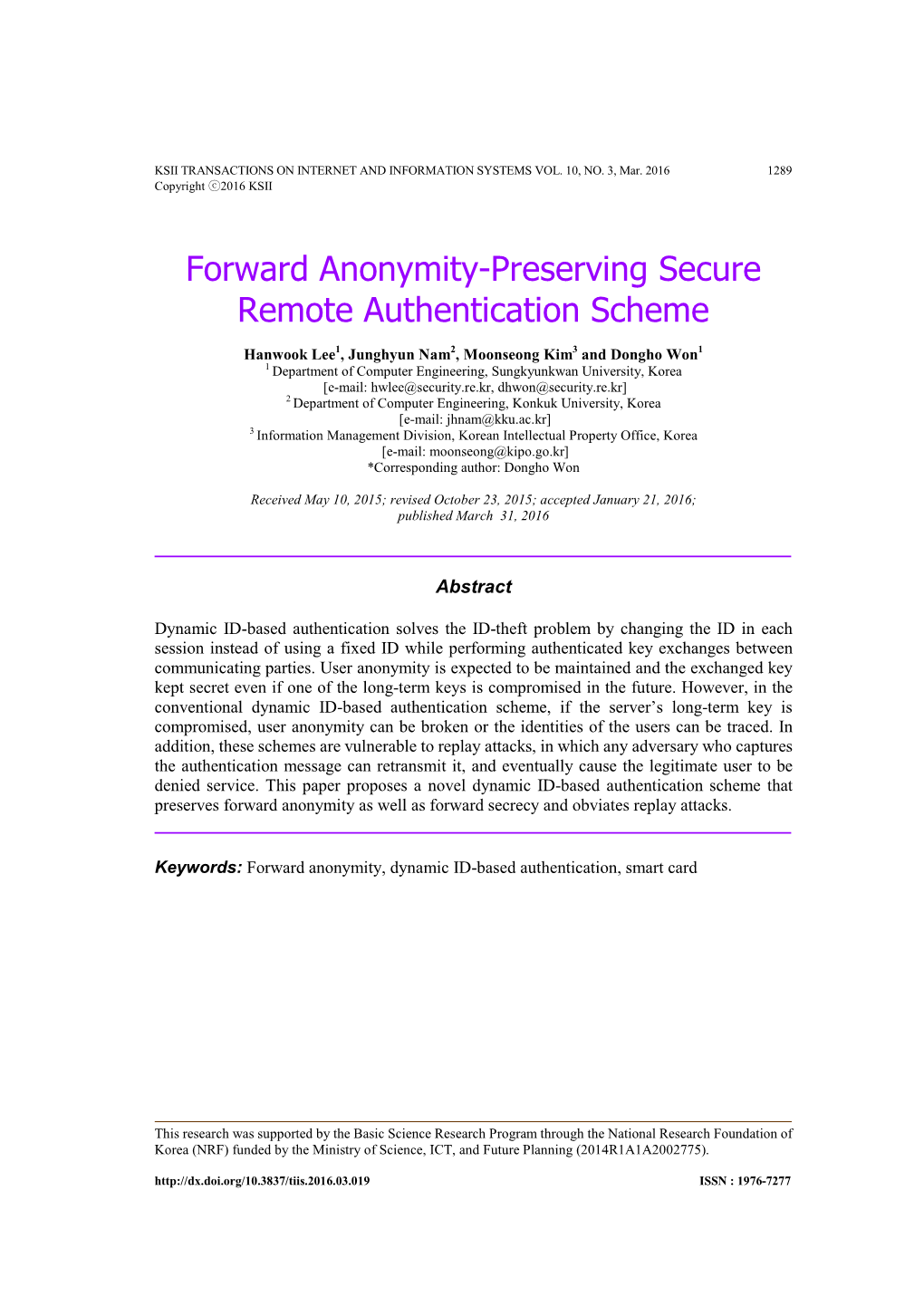 Forward Anonymity-Preserving Secure Remote Authentication Scheme