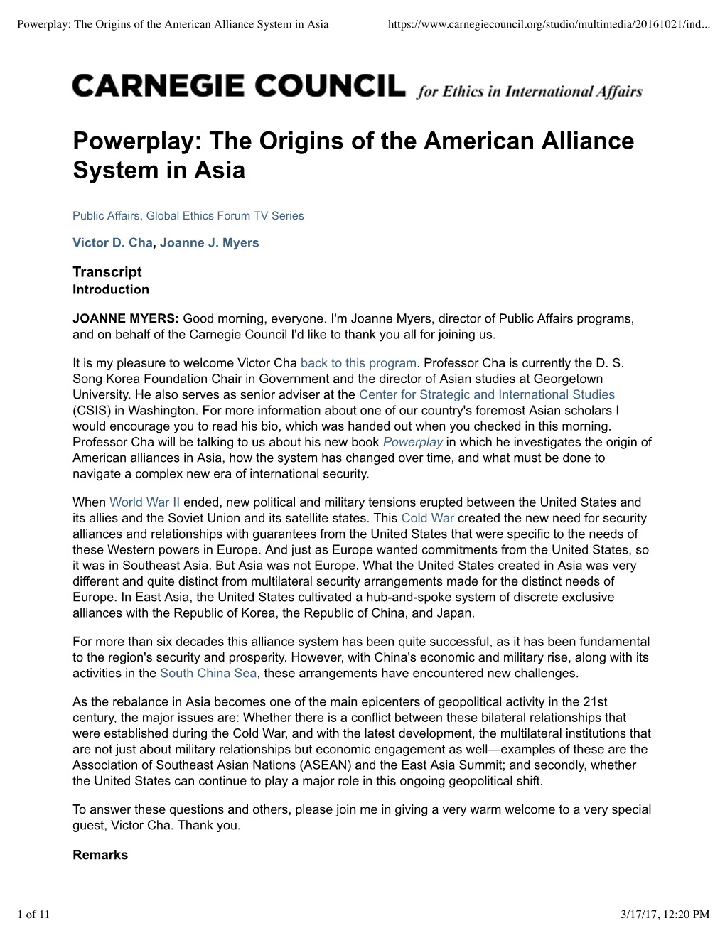 Powerplay: the Origins of the American Alliance System in Asia