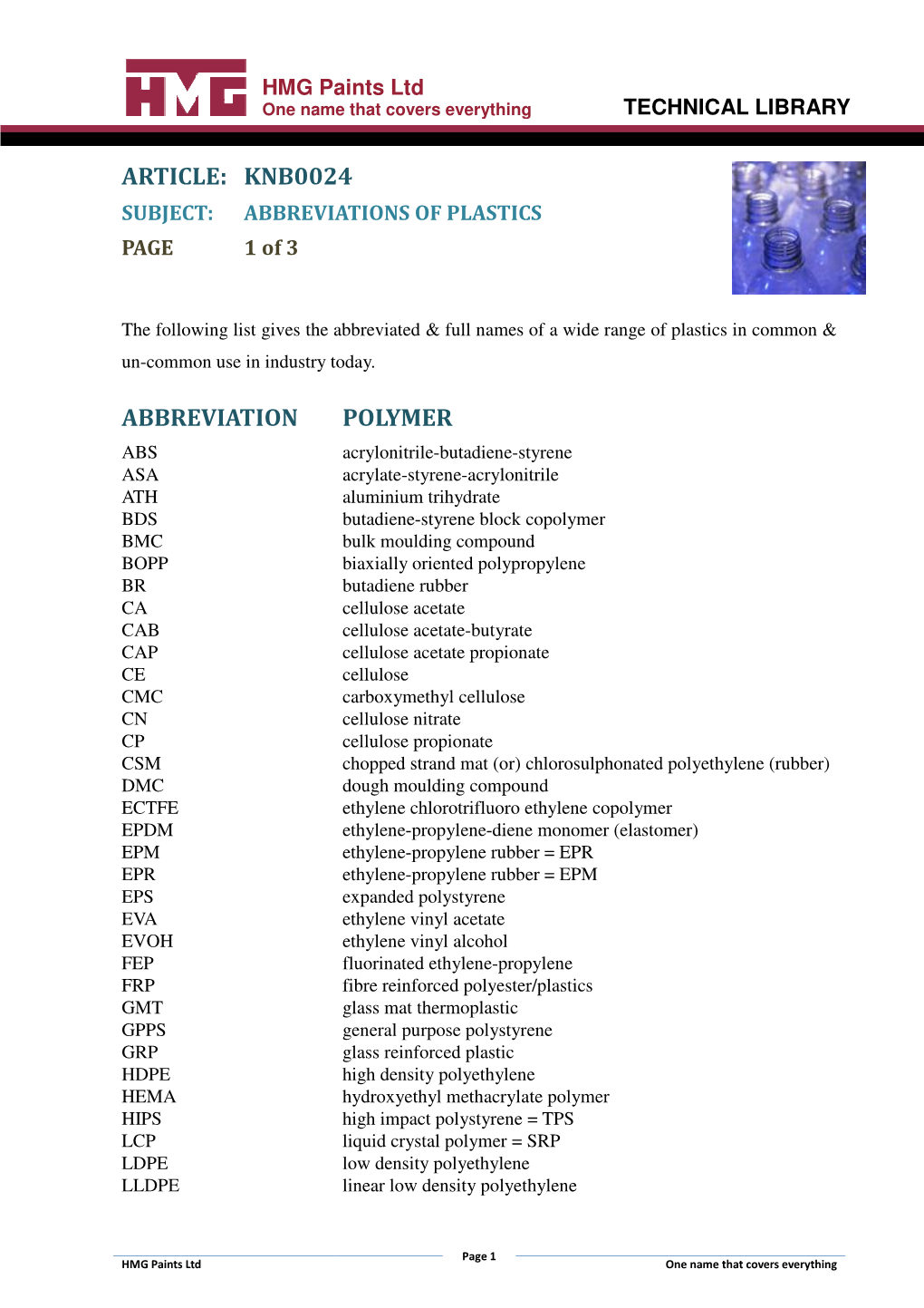 ARTICLE: KNB0024 SUBJECT: ABBREVIATIONS of PLASTICS PAGE 1 of 3