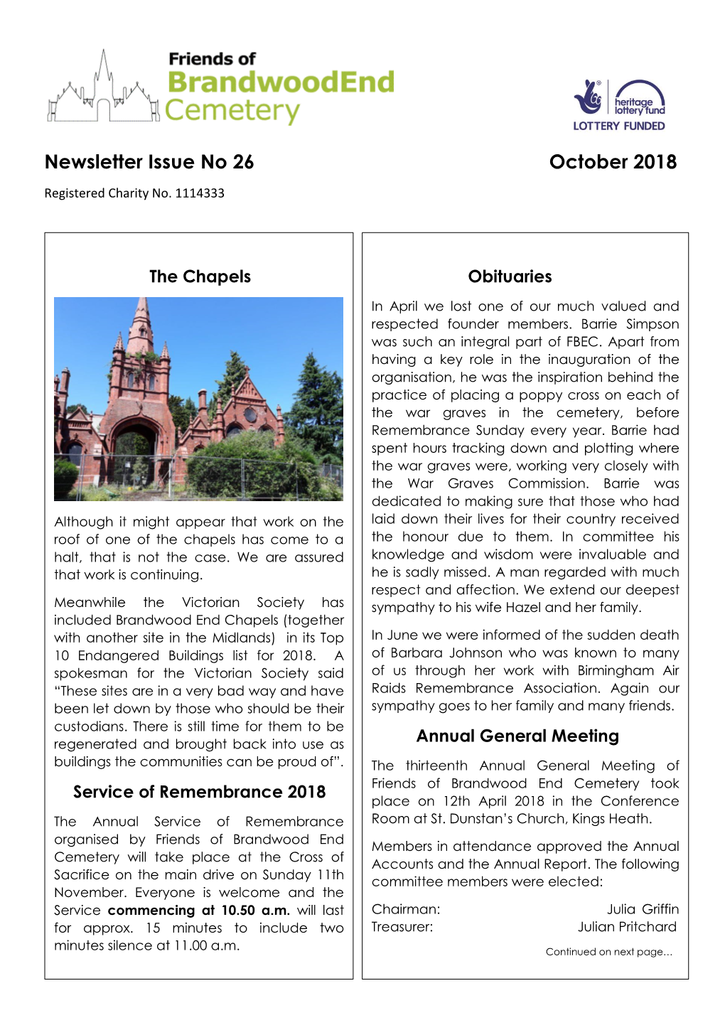 Newsletter Issue No 26 October 2018 Registered Charity No