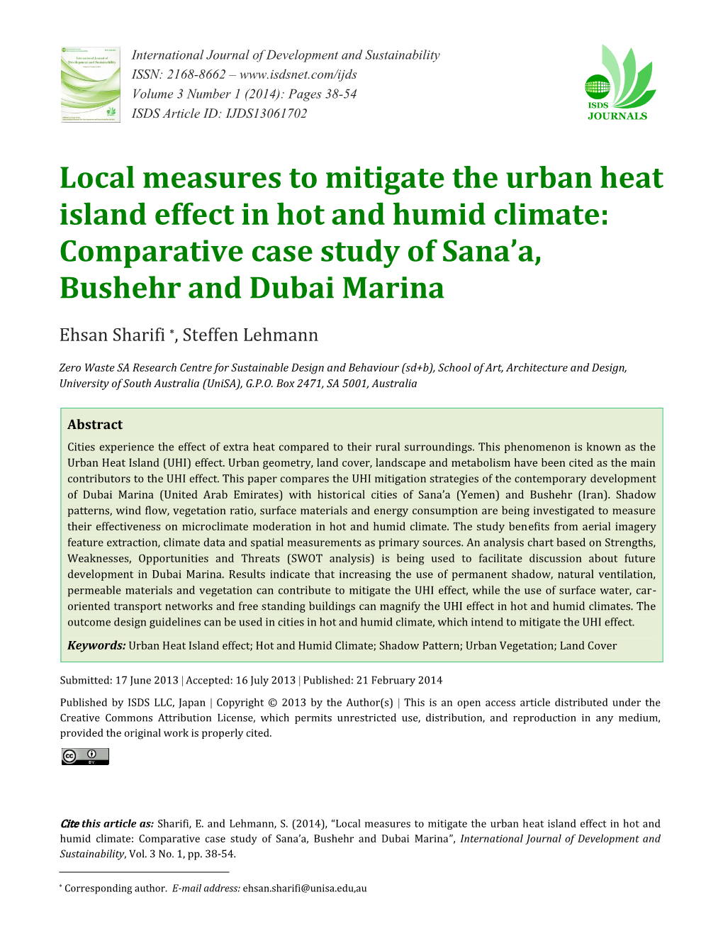 Local Measures to Mitigate the Urban Heat Island Effect in Hot and Humid Climate: Comparative Case Study of Sana’A, Bushehr and Dubai Marina