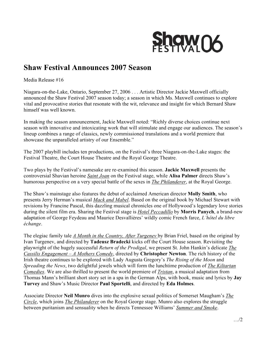 Shaw Festival Announces 2007 Season