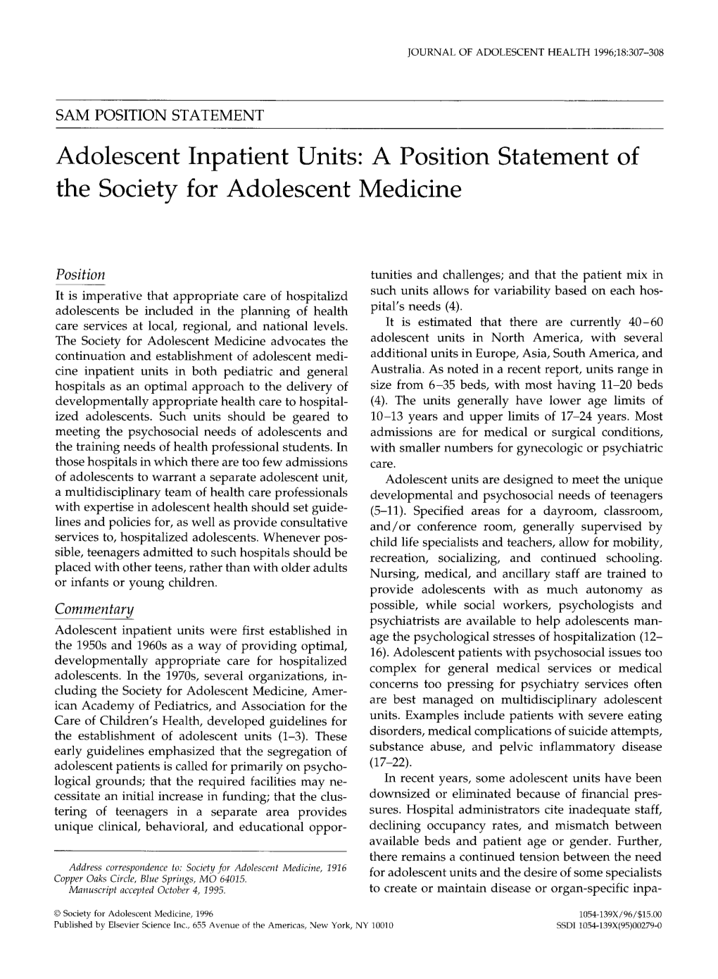 Adolescent Inpatient Units: a Position Statement of the Society for Adolescent Medicine