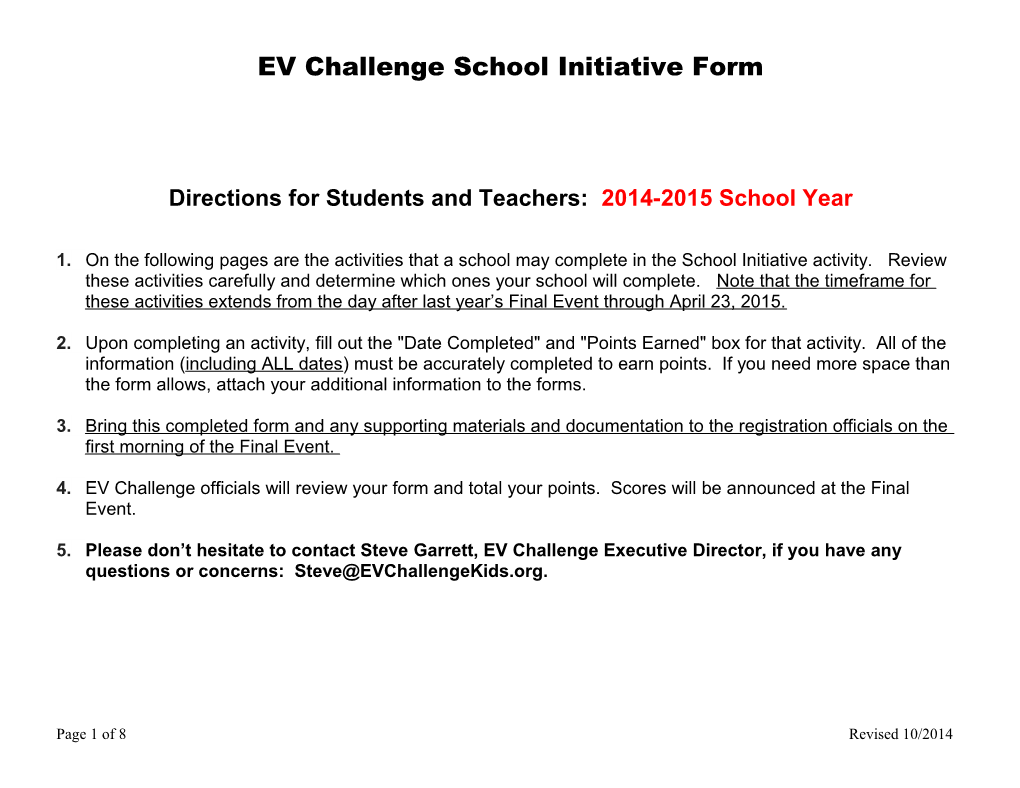 EV Challenge School Initiative Event Activities Page 1