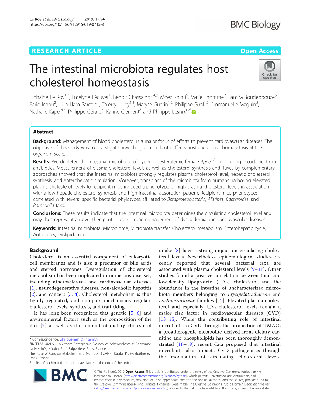 The Intestinal Microbiota Regulates Host Cholesterol Homeostasis