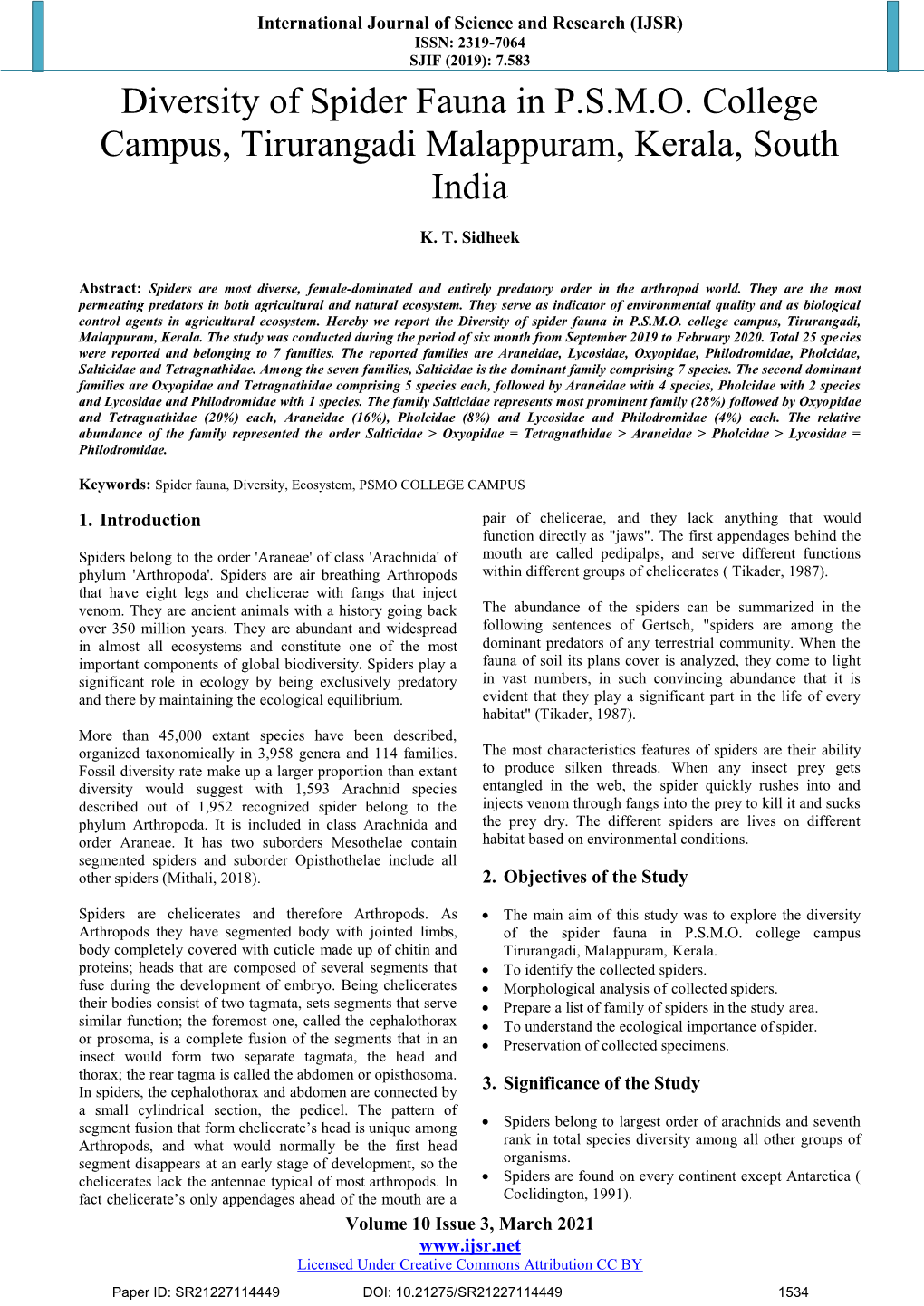 Diversity of Spider Fauna in P.S.M.O. College Campus, Tirurangadi Malappuram, Kerala, South India