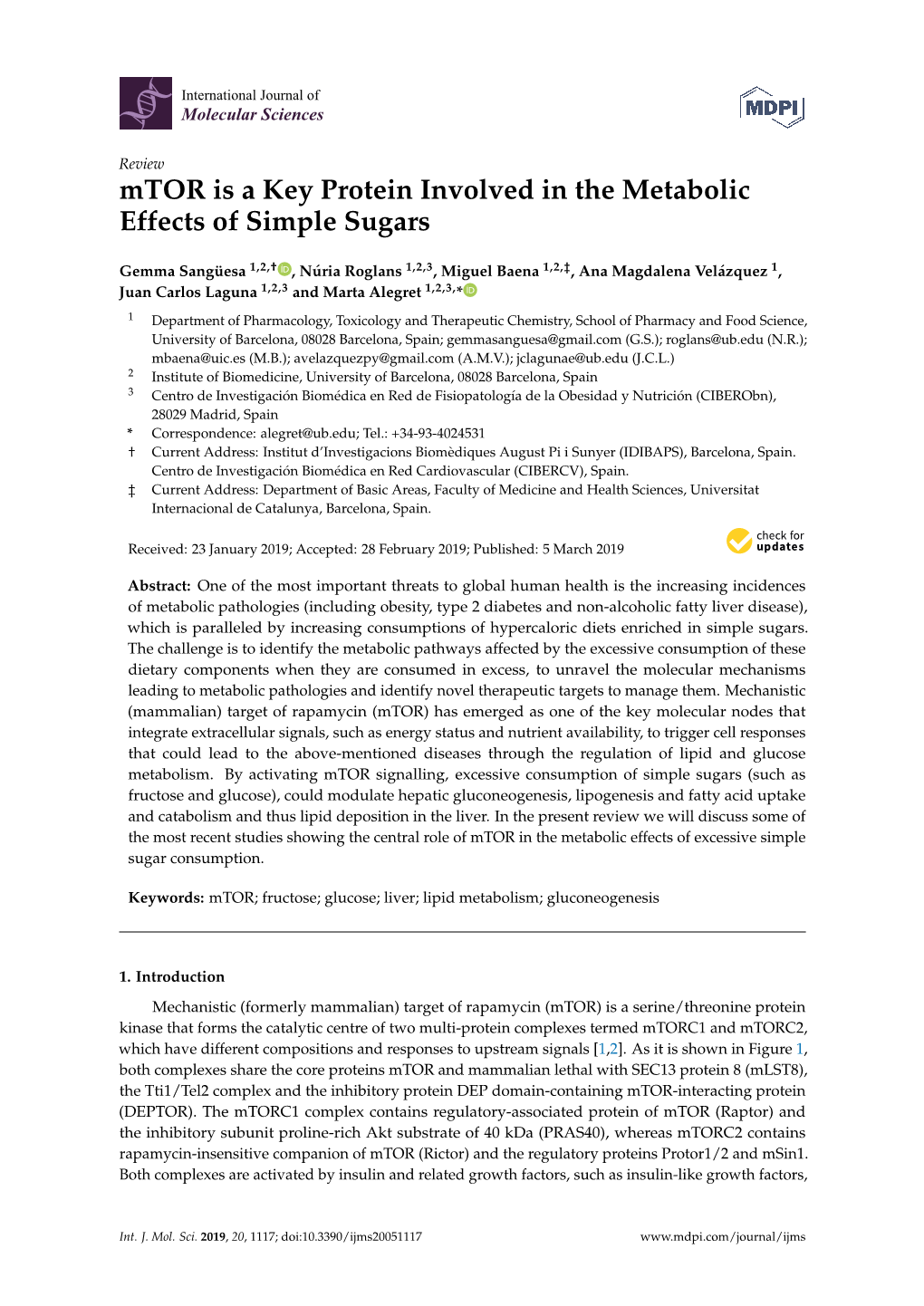 Mtor Is a Key Protein Involved in the Metabolic Effects of Simple Sugars