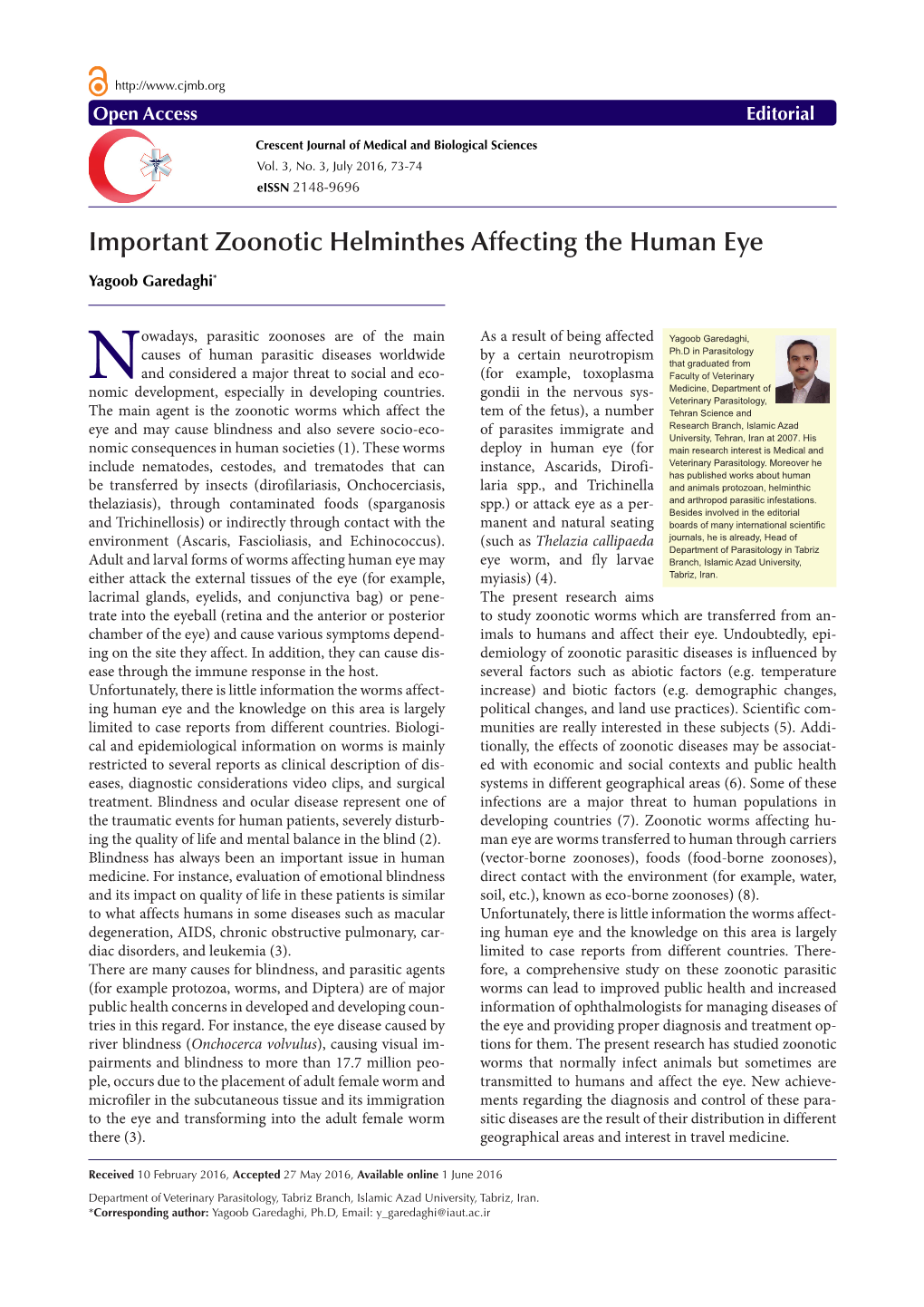 Important Zoonotic Helminthes Affecting the Human Eye