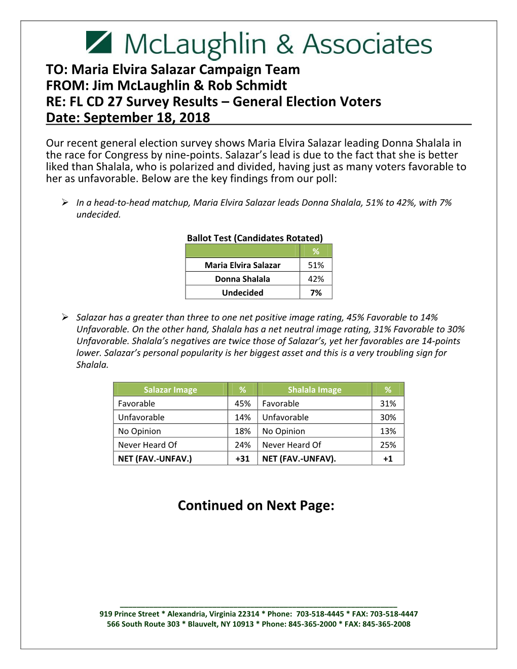 Maria Elvira Salazar Campaign Team FROM: Jim Mclaughlin & Rob Schmidt RE: FL CD 27 Survey Results – General Election Voters Date: September 18, 2018