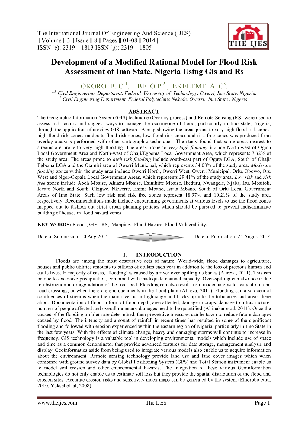Development of a Modified Rational Model for Flood Risk Assessment of Imo State, Nigeria Using Gis and Rs