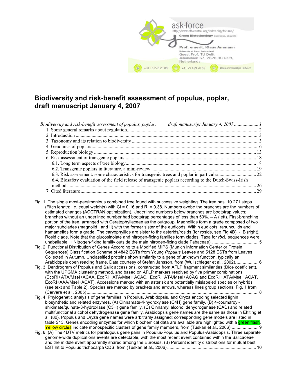 Biodiversity and Risk-Benefit Assessment of Populus, Poplar, Draft Manuscript January 4, 2007