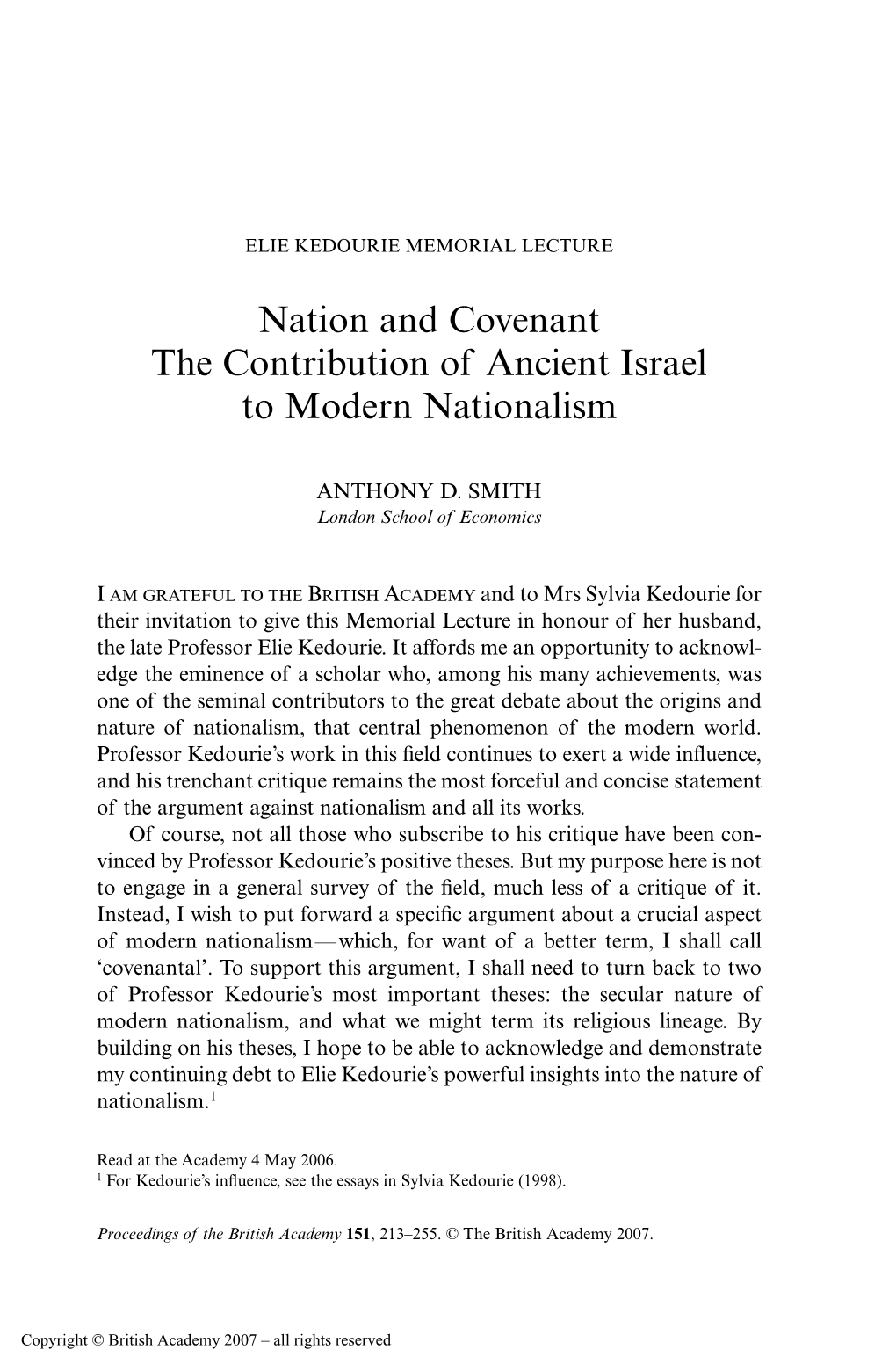 Nation and Covenant the Contribution of Ancient Israel to Modern Nationalism