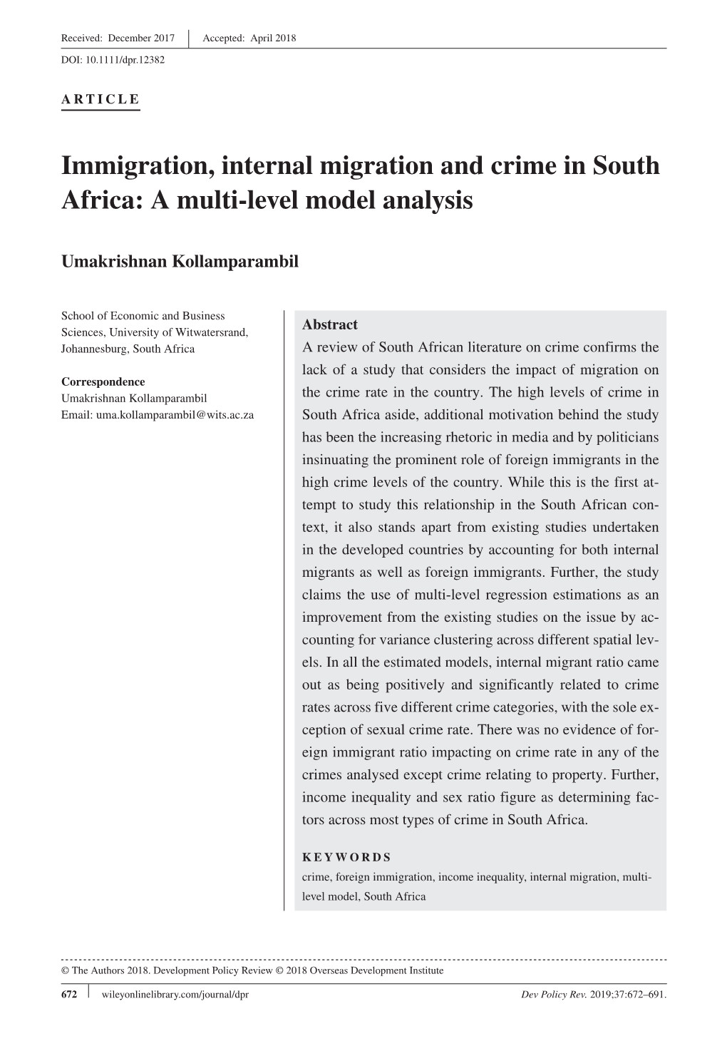 Immigration, Internal Migration and Crime in South Africa: a Multi‐Level Model Analysis