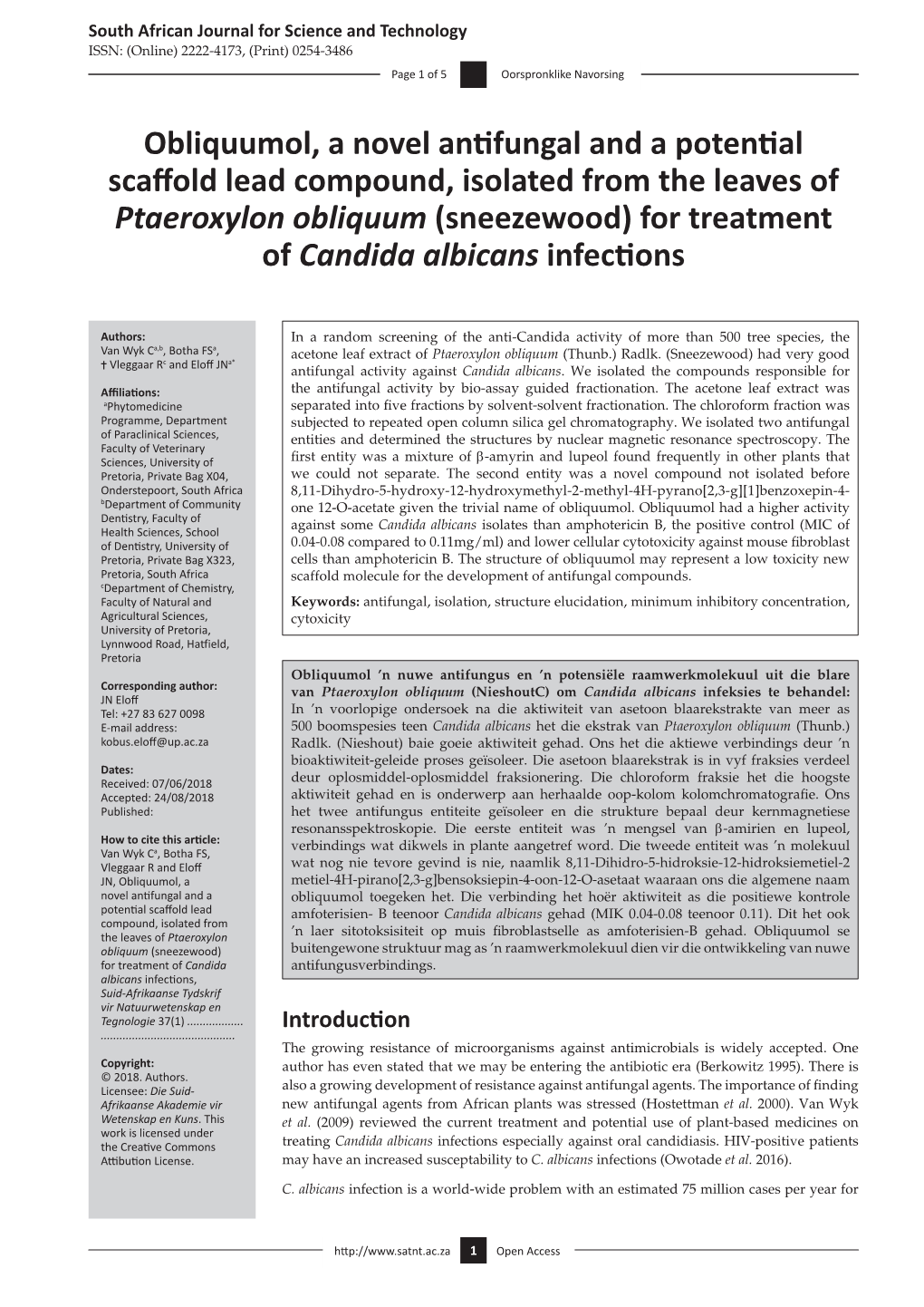 Obliquumol, a Novel Antifungal and a Potential Scaffold Lead Compound