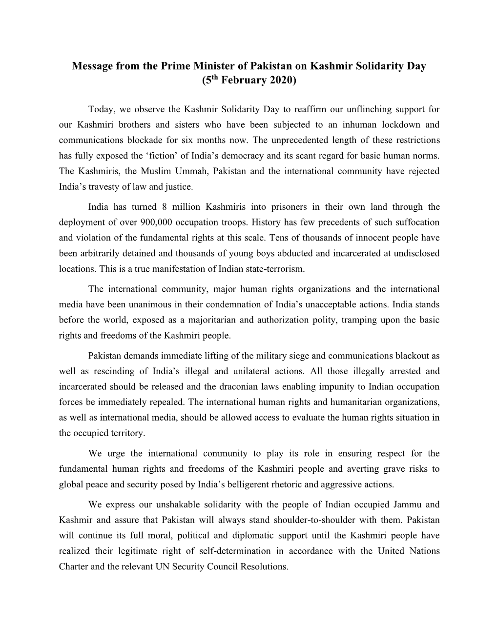 Message from the Prime Minister of Pakistan on Kashmir Solidarity Day (5Th February 2020)