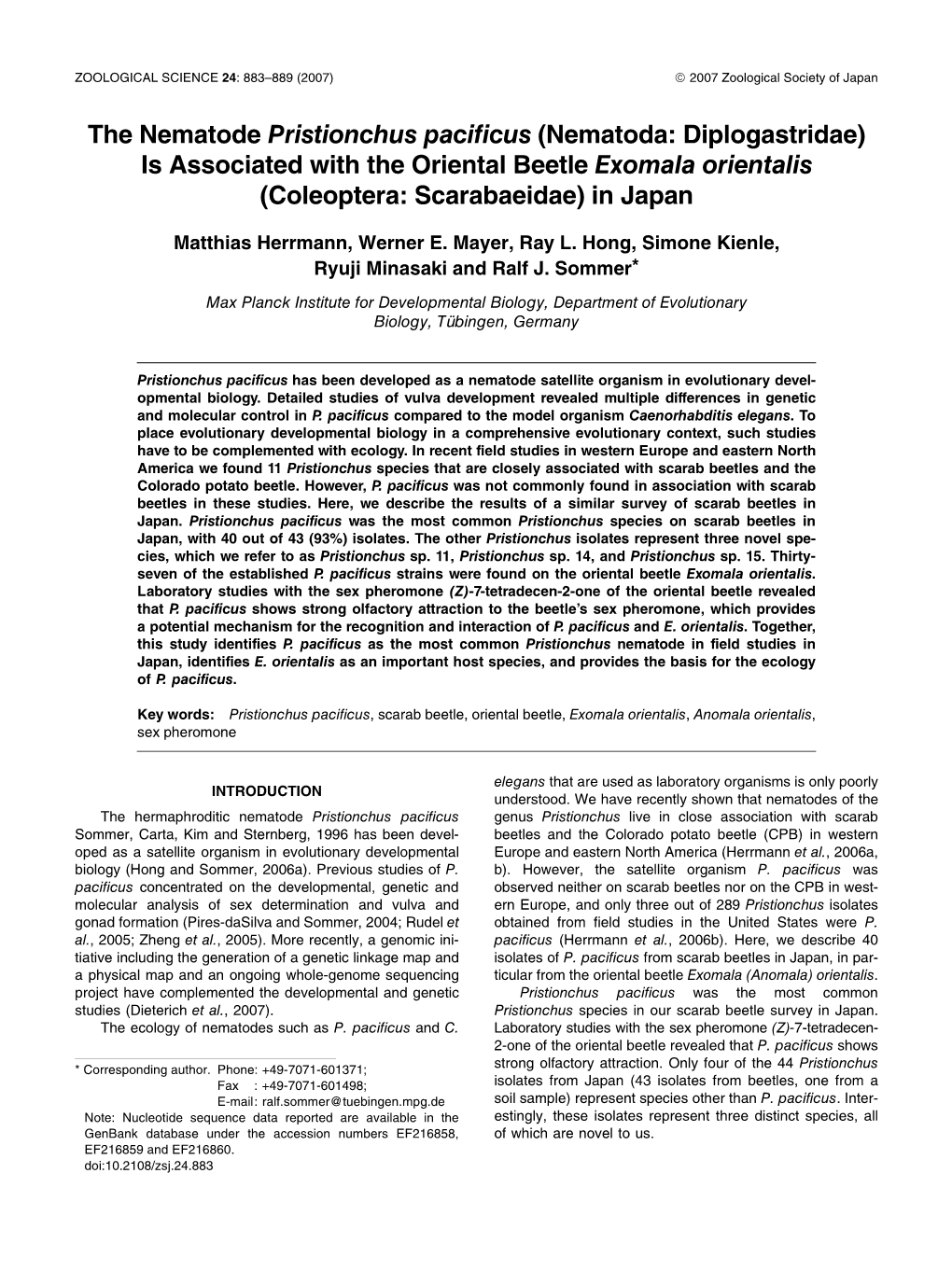 The Nematode Pristionchus Pacificus (Nematoda: Diplogastridae) Is Associated with the Oriental Beetle Exomala Orientalis (Coleoptera: Scarabaeidae) in Japan