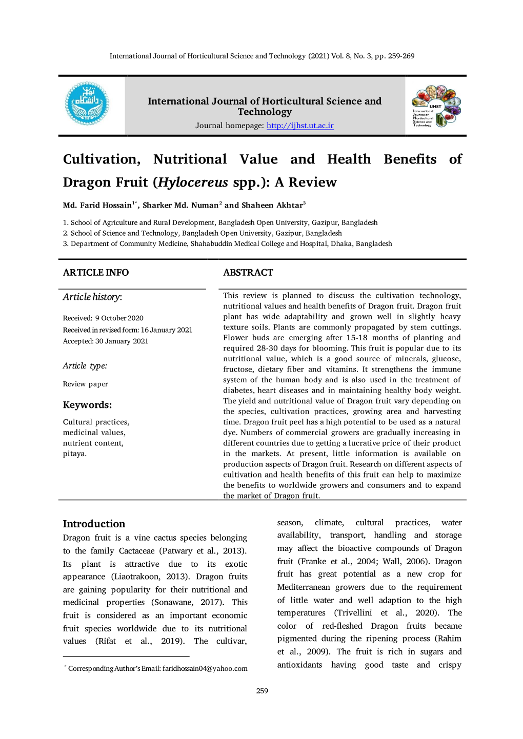 Cultivation, Nutritional Value and Health Benefits of Dragon Fruit (Hylocereus Spp.): a Review