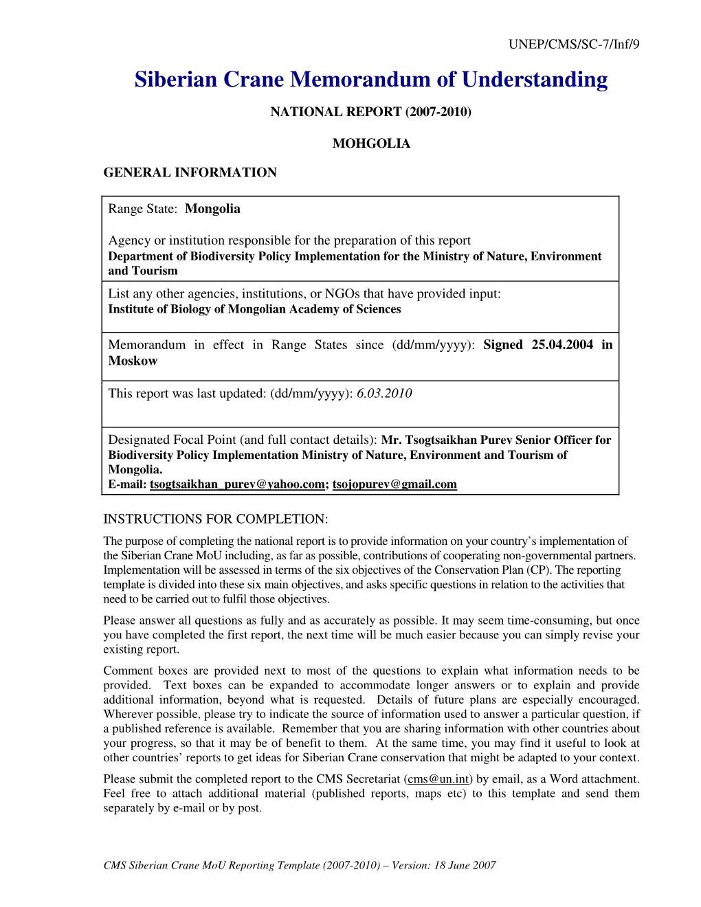 Siberian Crane Memorandum of Understanding