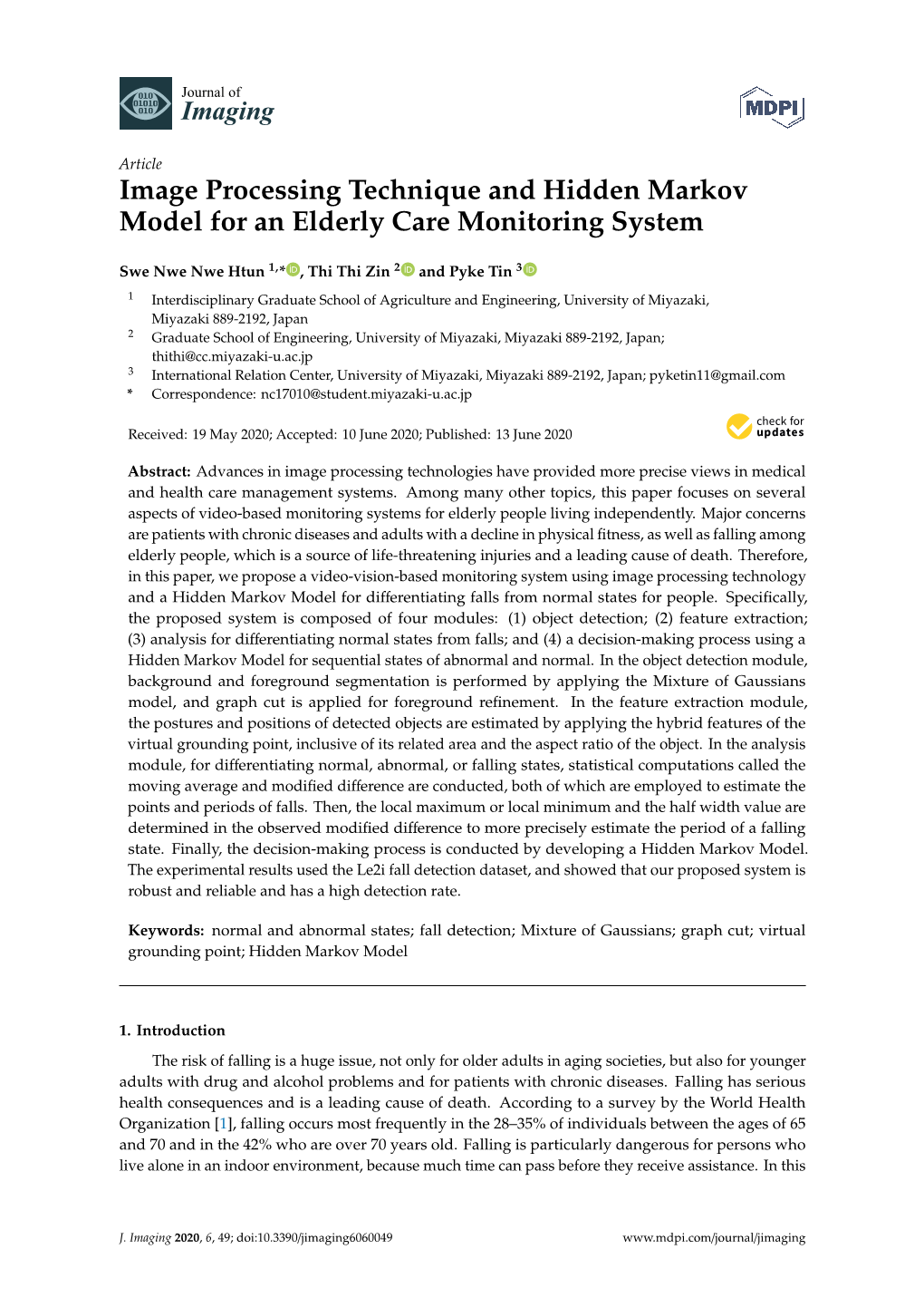 Image Processing Technique and Hidden Markov Model for an Elderly Care Monitoring System