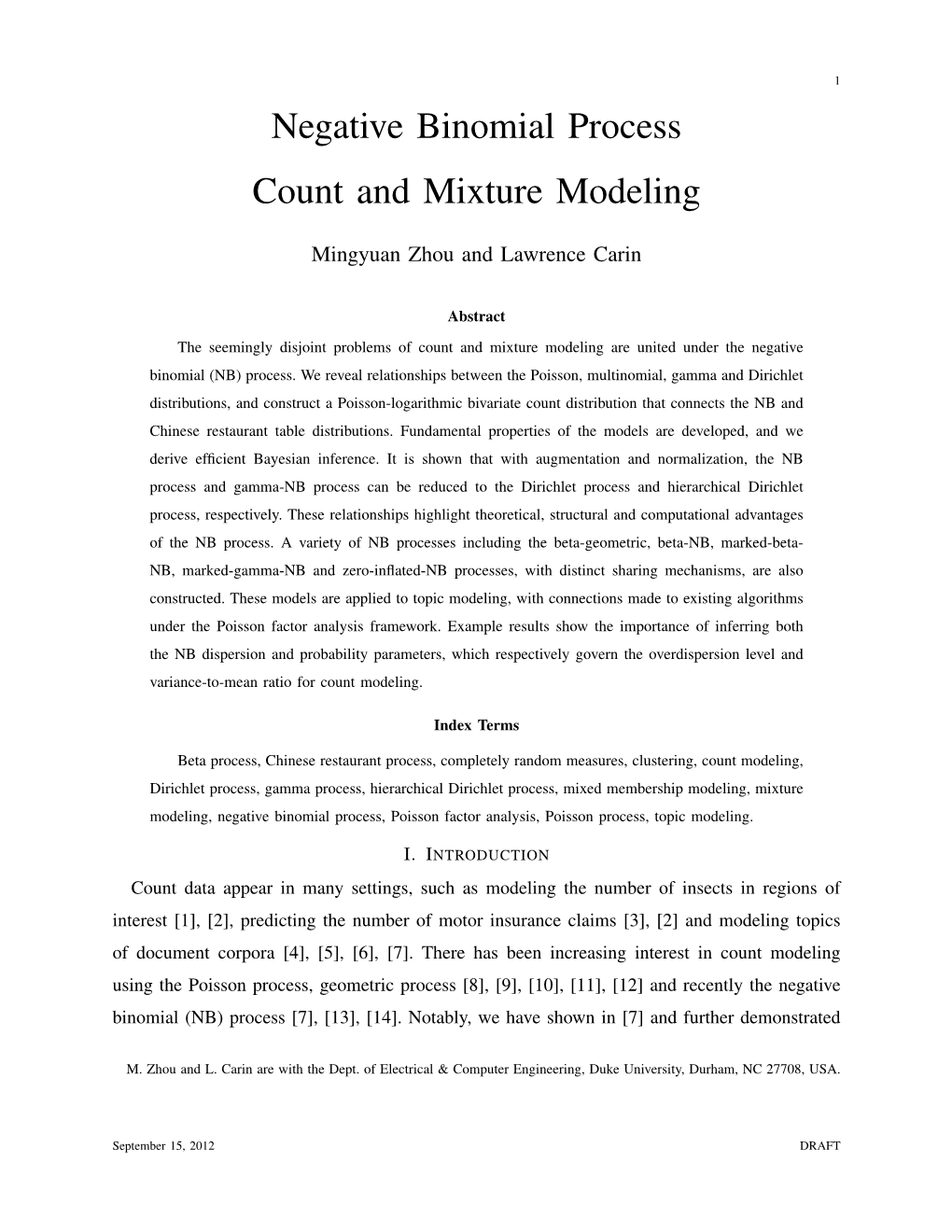 Negative Binomial Process Count and Mixture Modeling